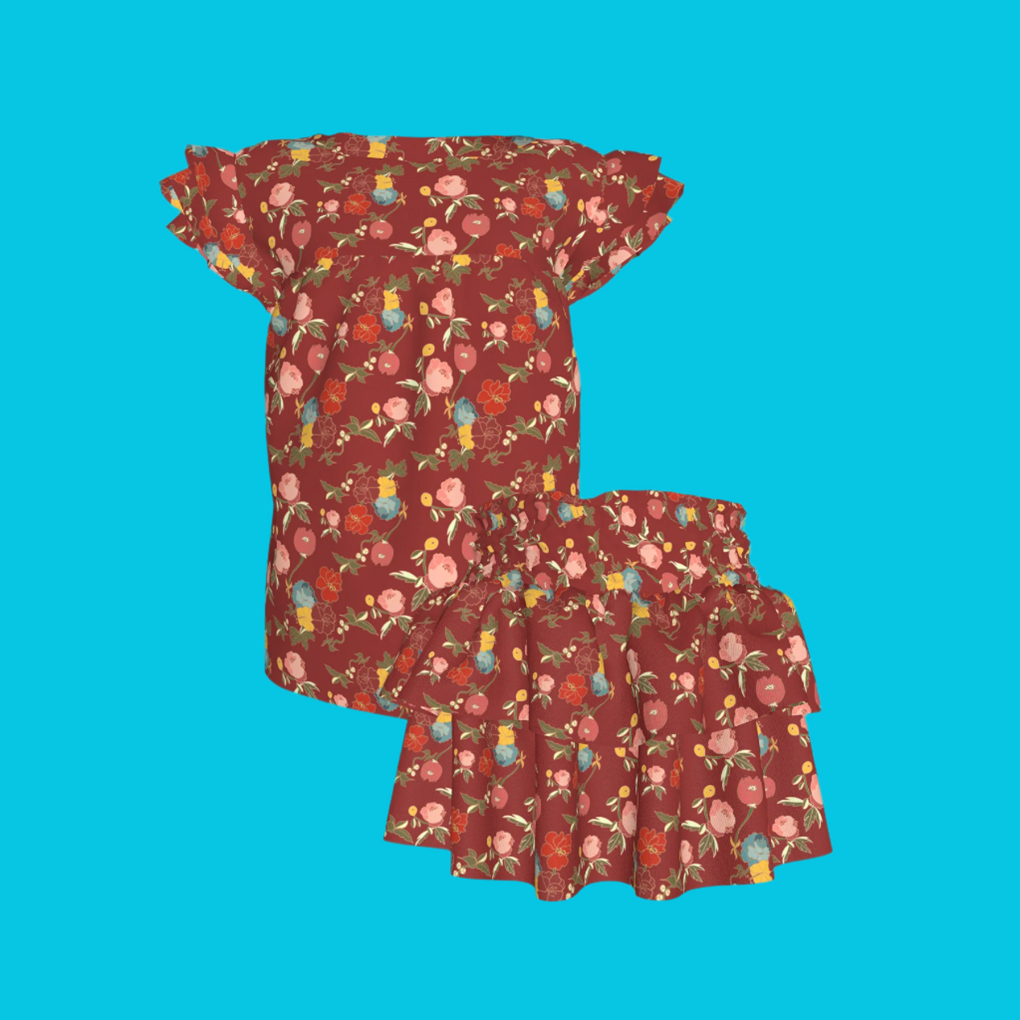 Red Belle Flowers Top and Skirt | Set of 2