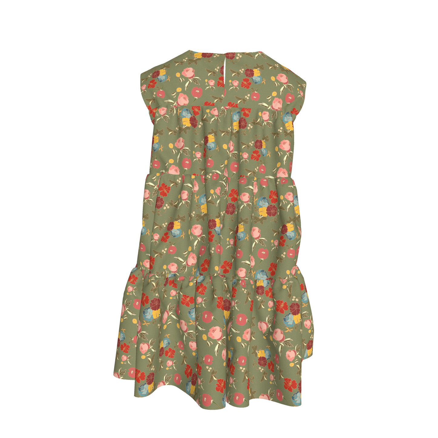 Kid's Ruffle Dress With Lining in Belle Flowers in Green in Light Cotton Slub