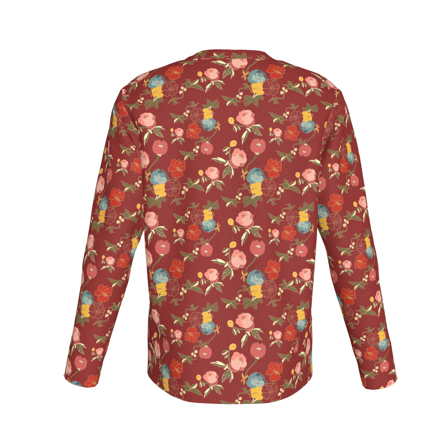 Kid's Long Sleeve T-Shirt in Belle Flowers Red in Cotton Spandex Lightweight Jersey