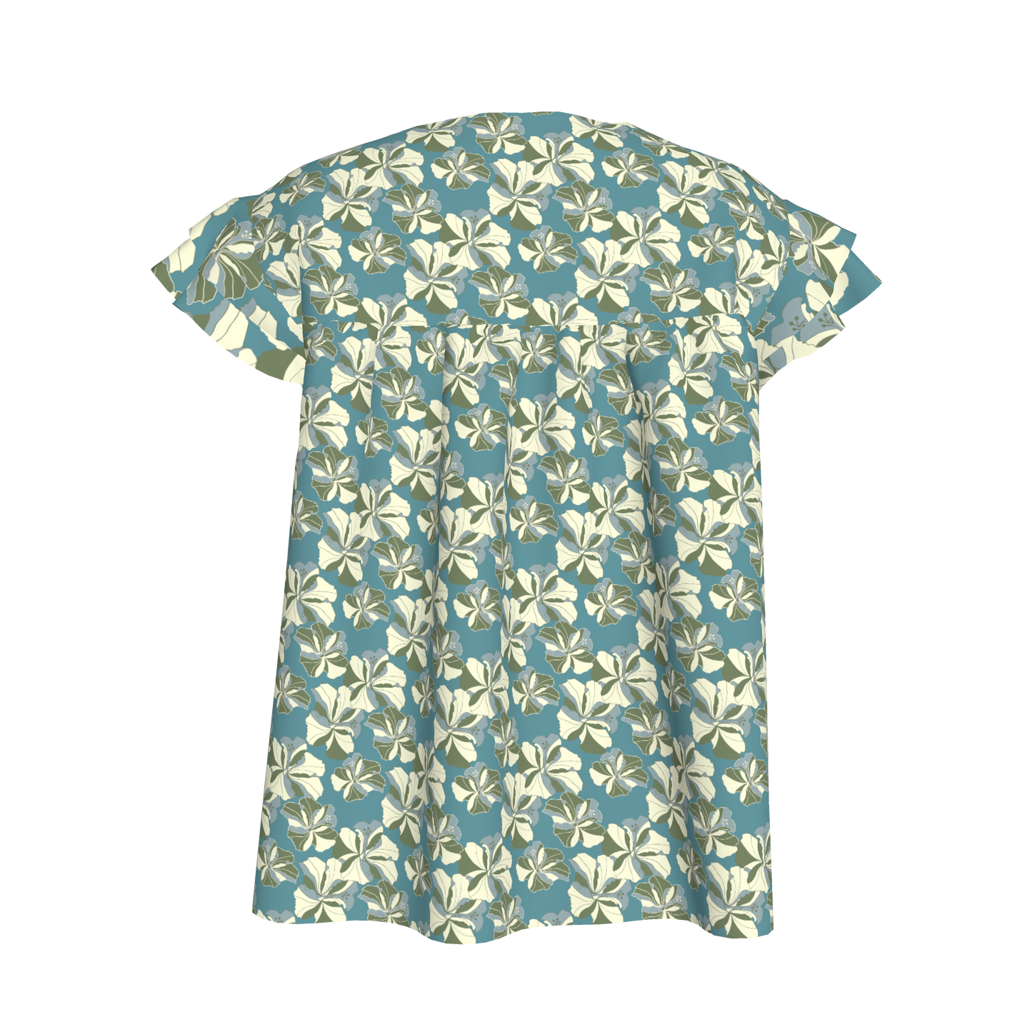 Kid's Ruffled Sleeve Top in Tropical Cayena Acqua in Light Cotton Slub