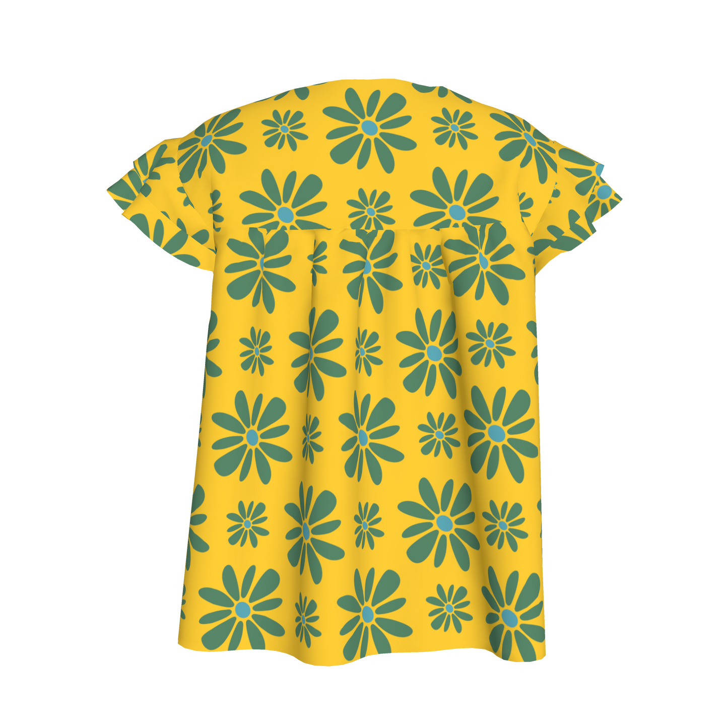 Kid's Ruffled Sleeve Top in Flower Bloom in Yellow & Acqua in Light Cotton Slub