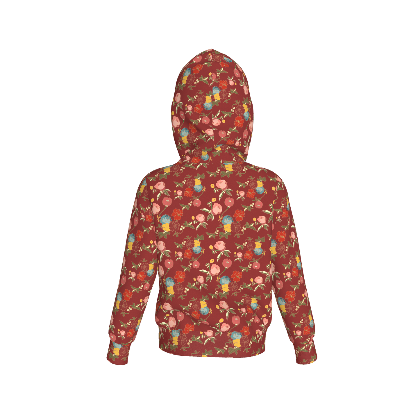 Kid's Pullover Hoodie in Belle Flowers Red in Fleece Back Stretch Organic Terry