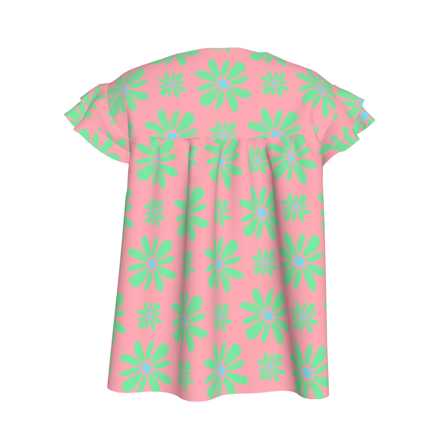 Kid's Ruffled Sleeve Top Flower Bloom in Pink & Bright Green in Light Cotton Slub