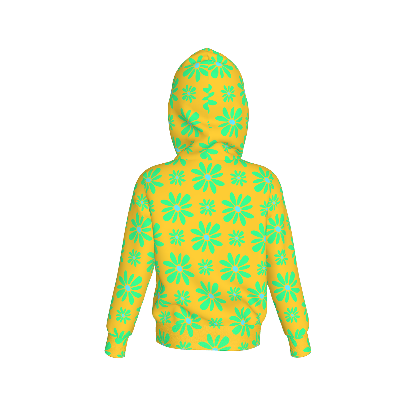 Kid's Pullover Hoodie in Flower Bloom in Yellow & Bright Green in Fleece Back Stretch Organic Terry