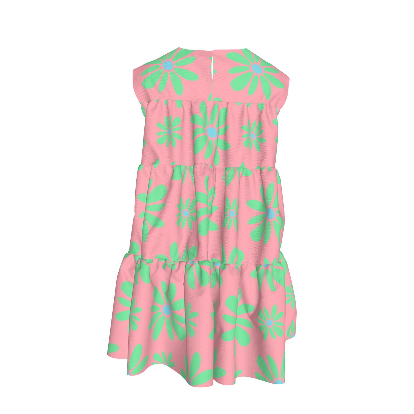 Kid's Ruffle Dress with Lining in Flower Bloom Pink & Light Green in Cotton Spandex Lightweight Jersey