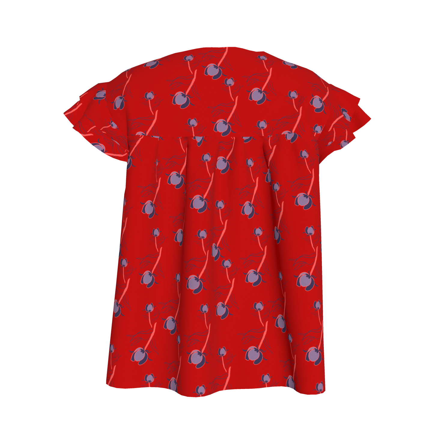 Kid's Ruffled Sleeve Top in Sprinkle Flowers Red in Light Cotton Slub
