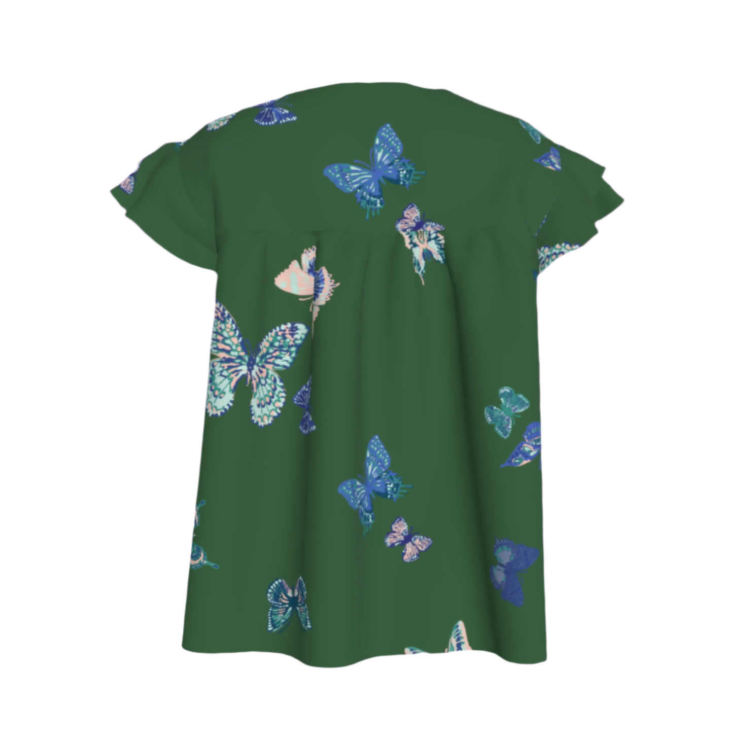 Kid's Ruffled Sleeve Top in Emerald Fluttering Butterflies
