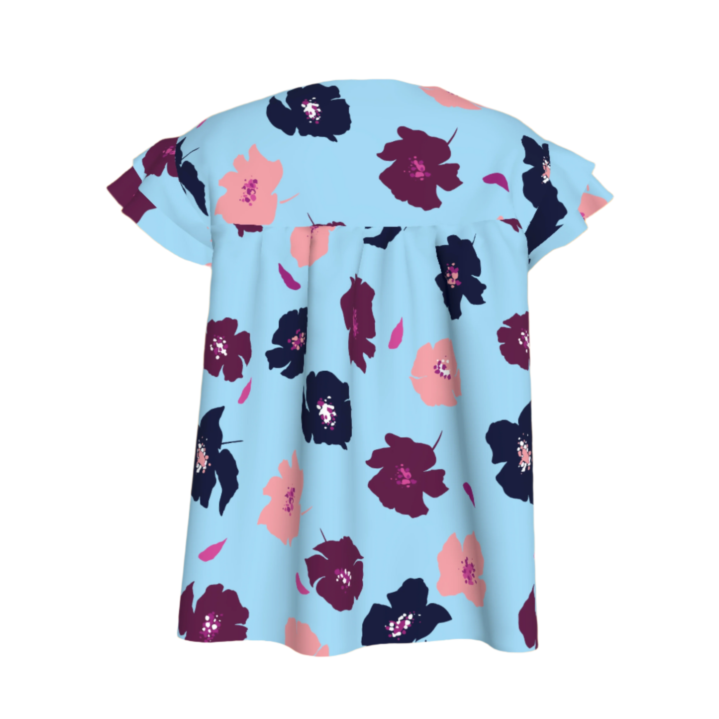 Kid's Ruffled Sleeve Top in Light Blue Poppies