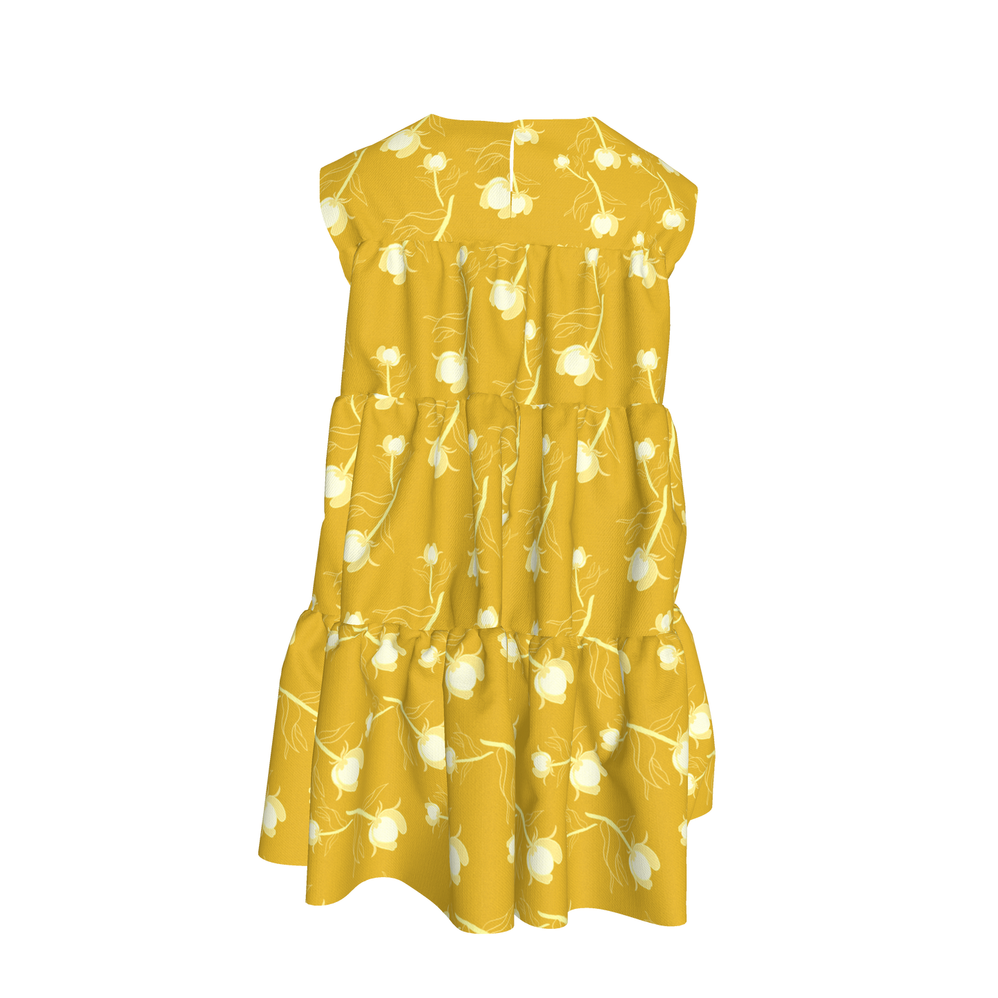 Kid's Ruffle Dress With Lining in Sprinkle Flowers Yellow in Light Cotton Slub