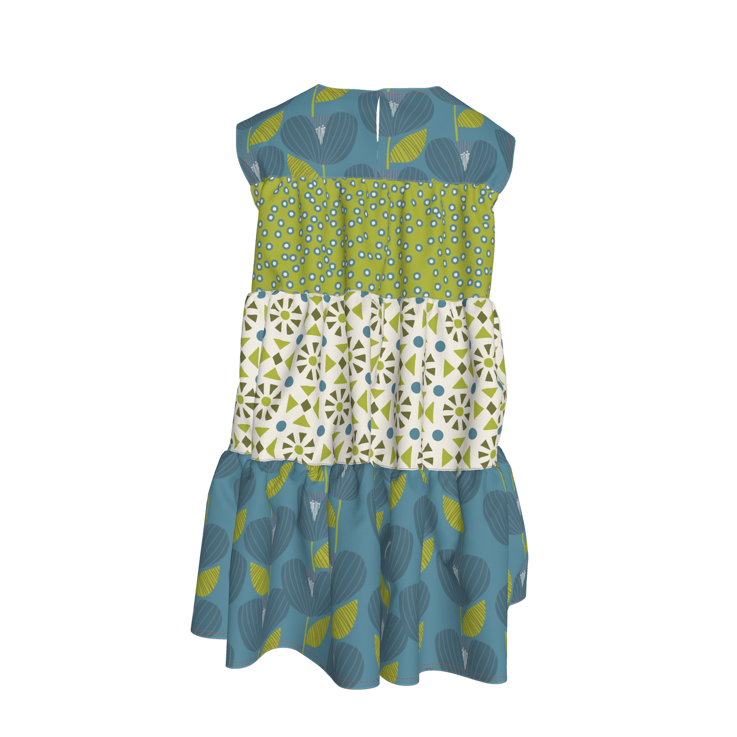 Teal, White & Green Ruffle Dress with Lining