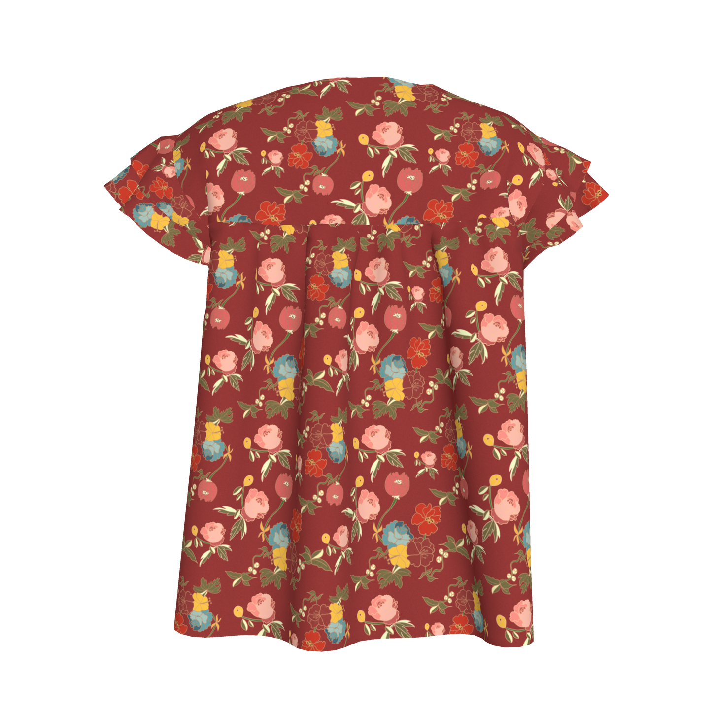 Kid's Ruffled Sleeve Top in Belle Flowers Red in Light Cotton Slub