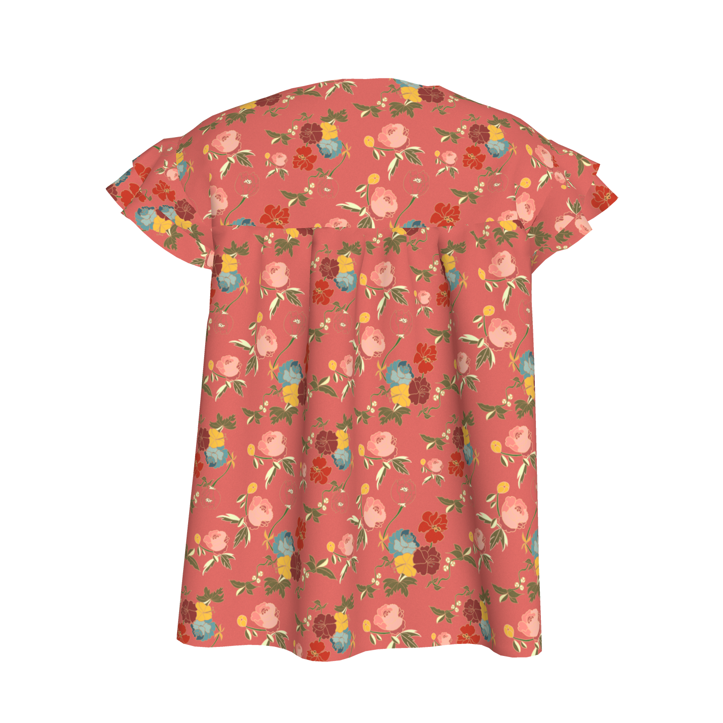 Kid's Ruffled Sleeve Top in Belle Flowers Pink in Light Cotton Slub