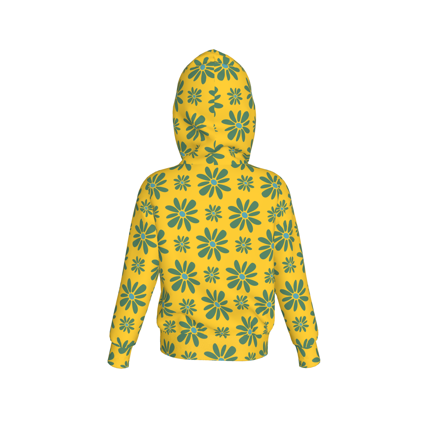 Kid's Pullover Hoodie in Flower Bloom in Yellow & Acqua in Fleece Back Stretch Organic Terry