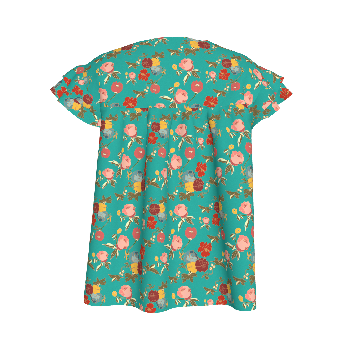 Kid's Ruffled Sleeve Top in Belle Flowers Bright Blue in Light Cotton Slub