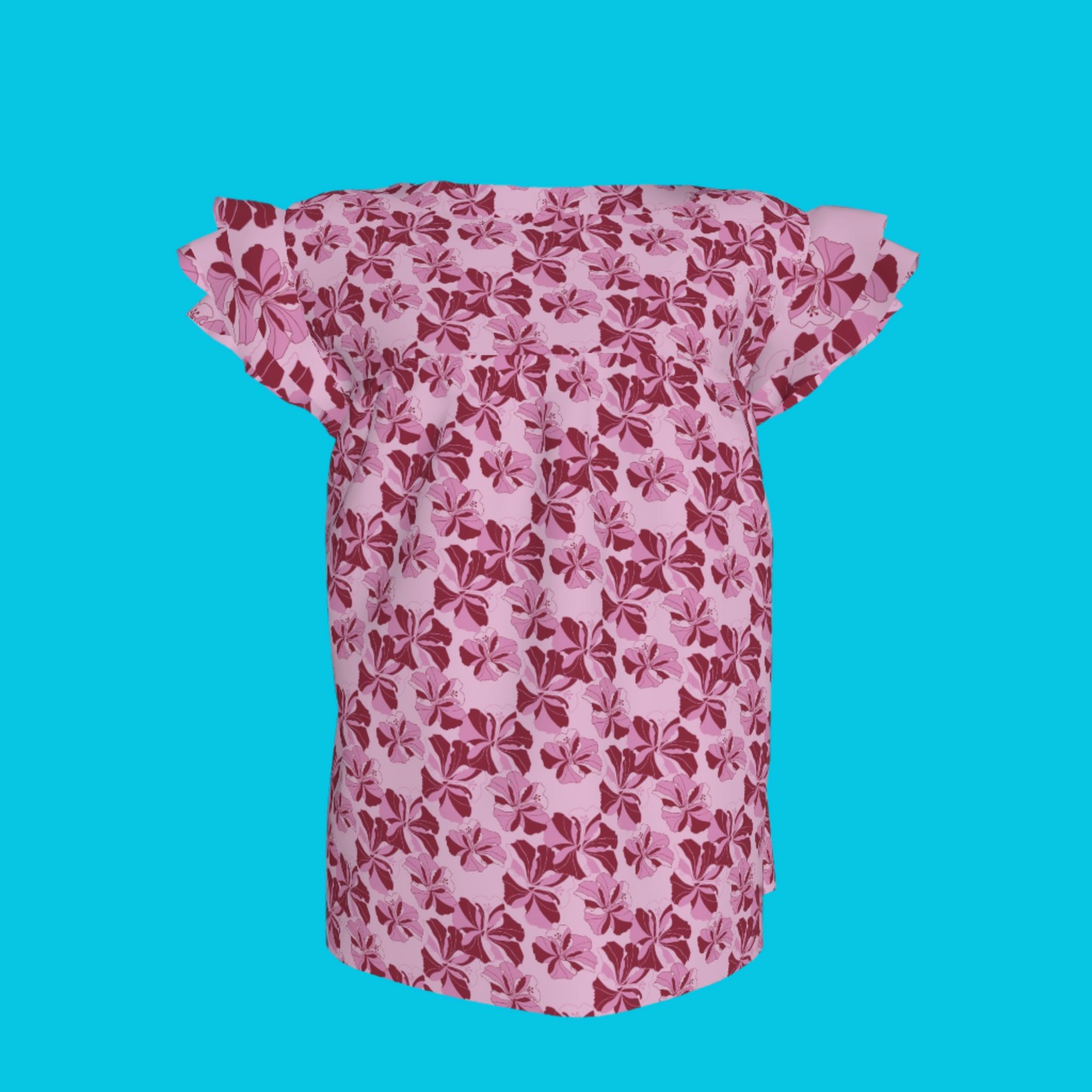 Kid's Ruffled Sleeve Top in Tropical Cayena Pink in Light Cotton Slub