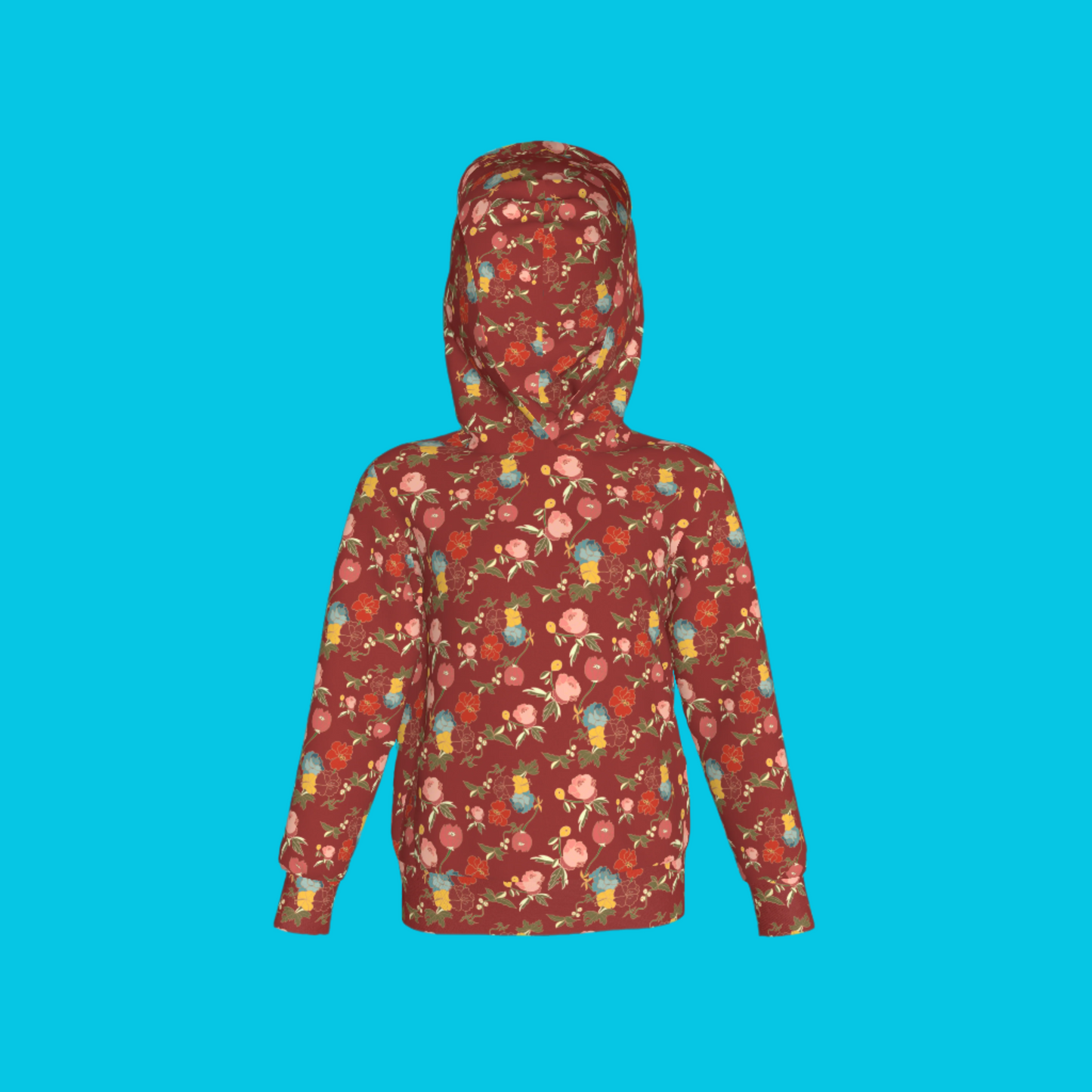 Kid's Pullover Hoodie in Belle Flowers Red in Fleece Back Stretch Organic Terry