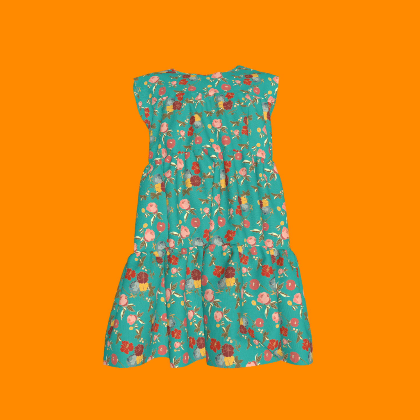 Kid's Ruffle Dress With Lining in Belle Flowers in Bright Blue in Light Cotton Slub