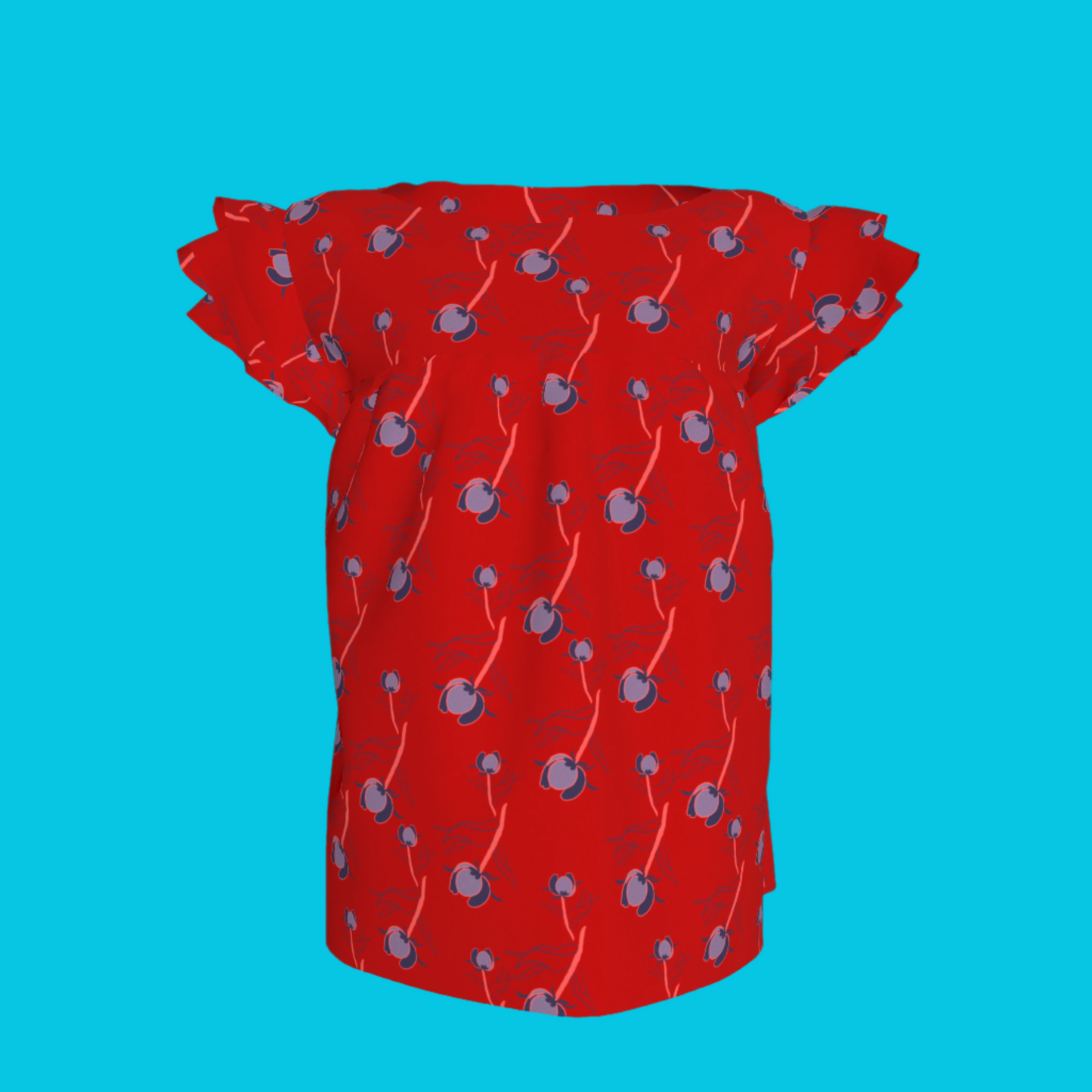 Kid's Ruffled Sleeve Top in Sprinkle Flowers Red in Light Cotton Slub