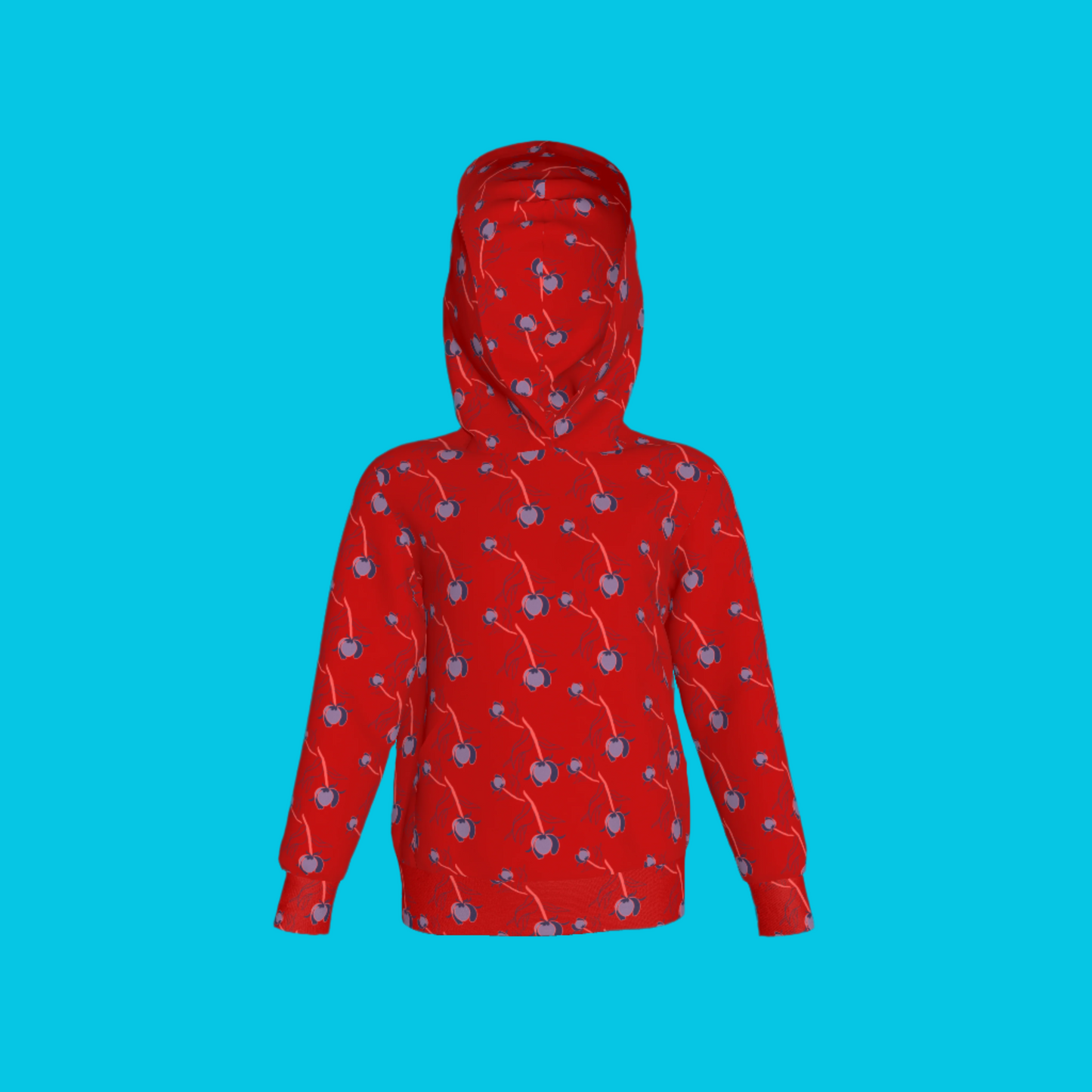 Kid's Pullover Hoodie in Sprinkle Flowers Red in Fleece Back Stretch Organic Terry