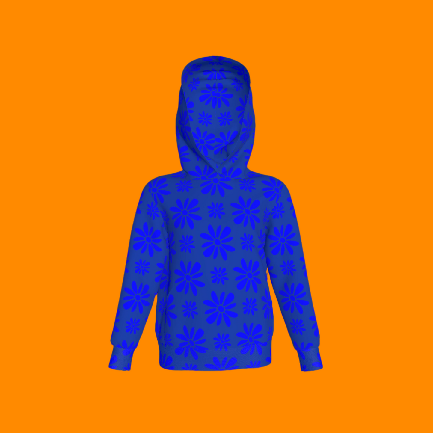 Kid's Pullover Hoodie in Flower Bloom Bright Blue in Fleece Back Stretch Organic Terry