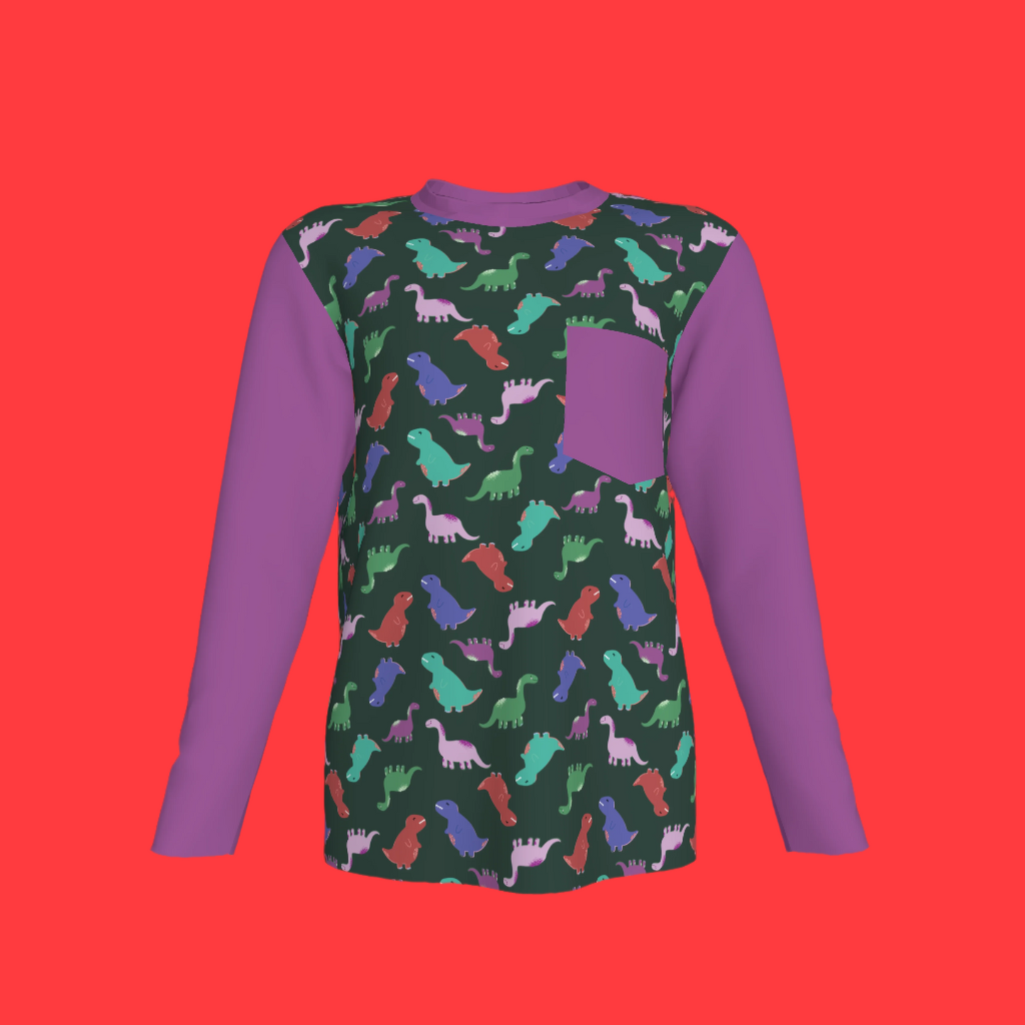 Purple Dino Party Long Sleeve Pocket T-Shirt