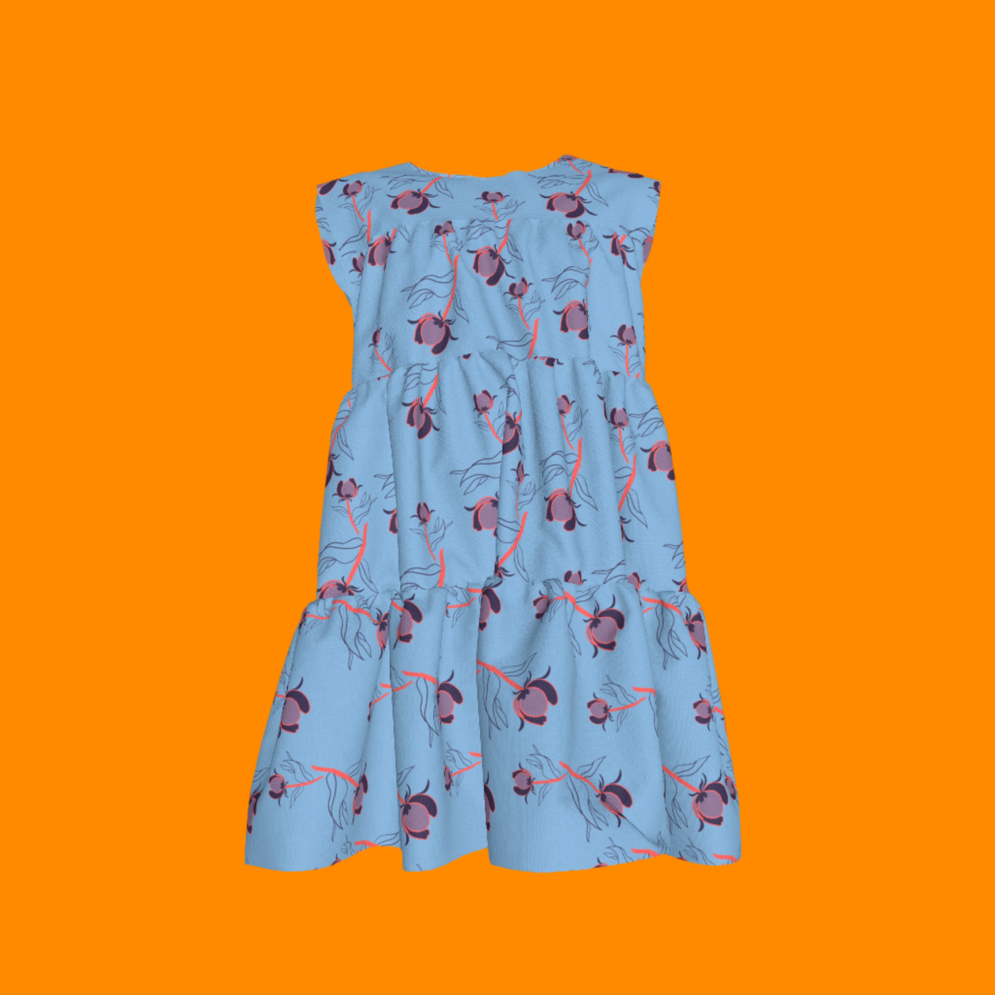 Kid's Ruffle Dress With Lining in Sprinkle Flowers Light Blue in Light Cotton Slub