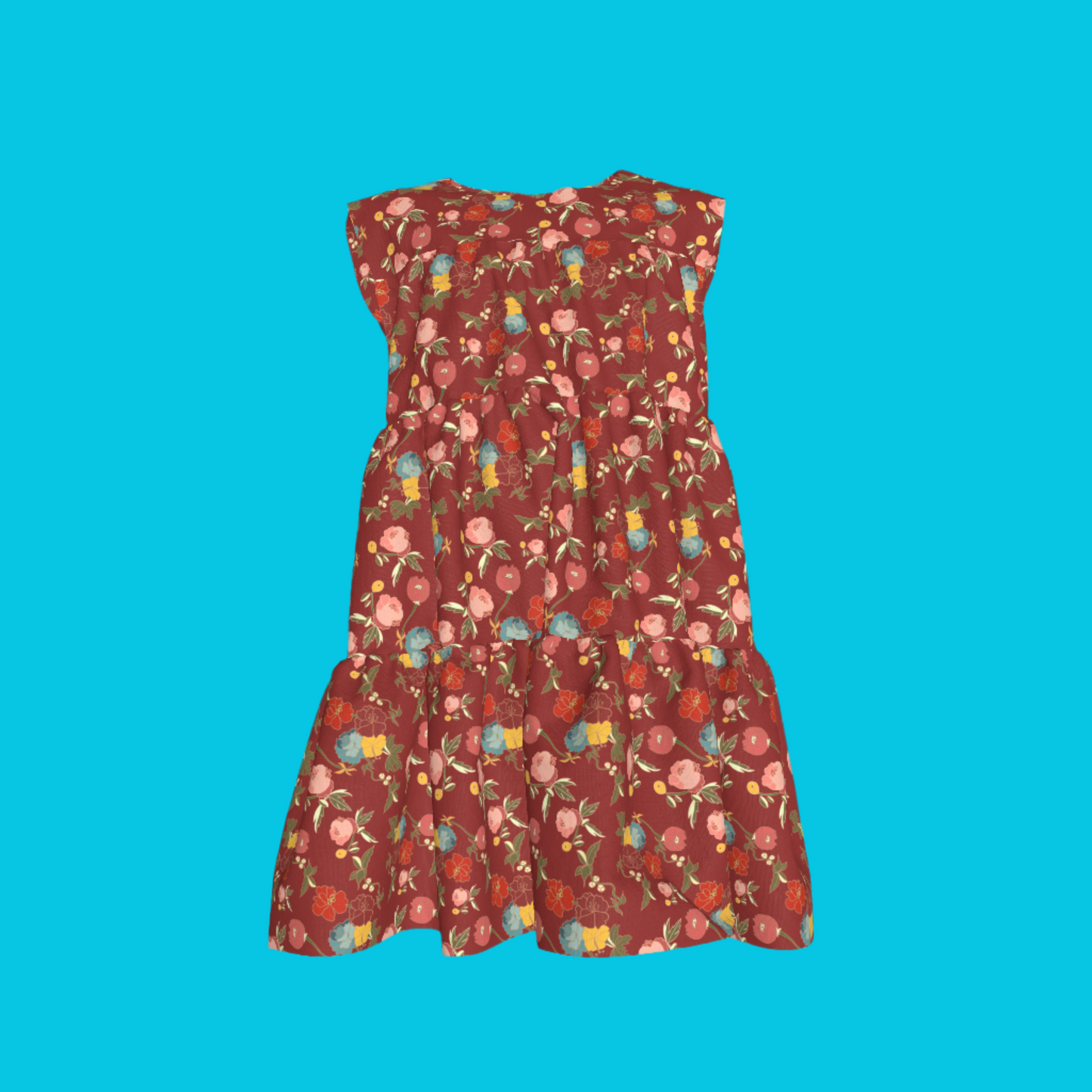 Kid's Ruffle Dress With Lining in Belle Flowers in Red in Light Cotton Slub