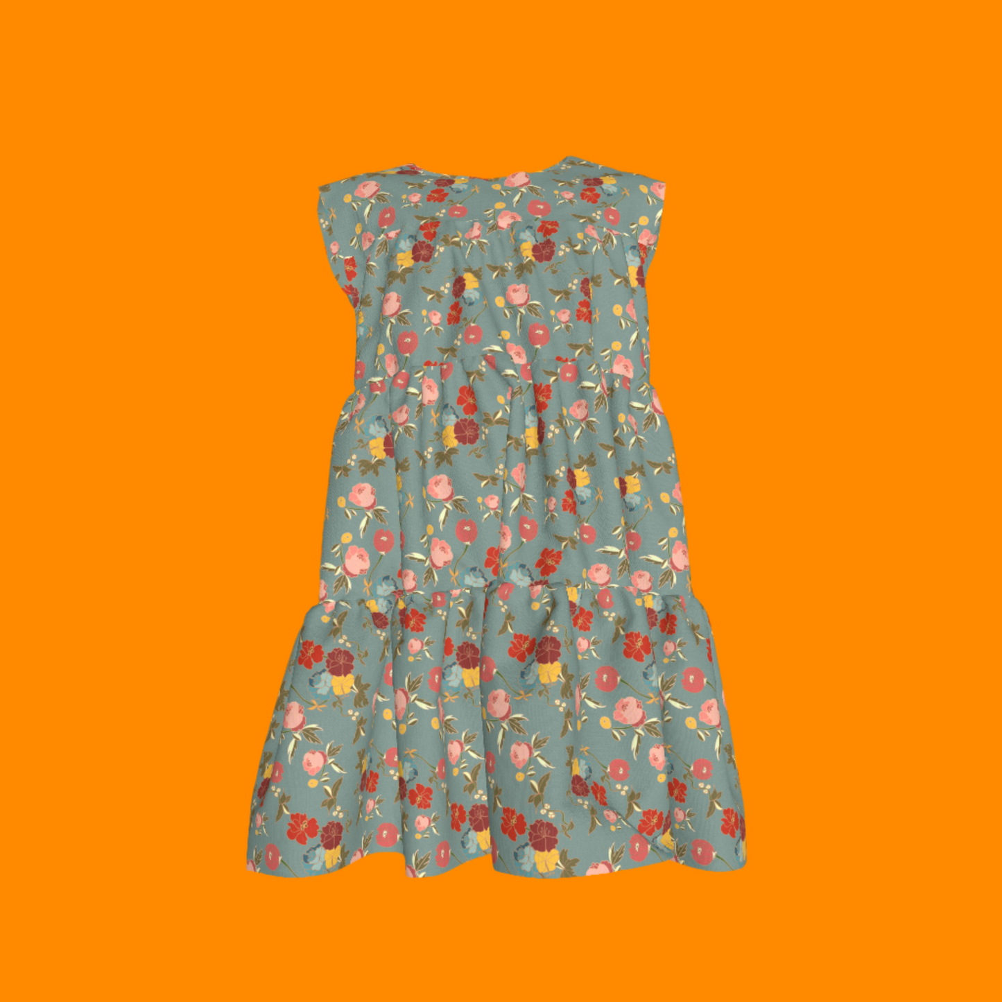 Kid's Ruffle Dress With Lining in Belle Flowers in Light Blue in Light Cotton Slub