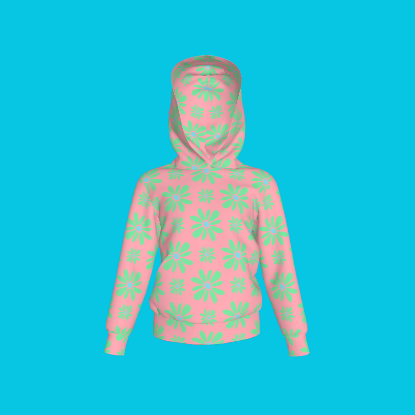 Kid's Pullover Hoodie in Flower Bloom in Pink & Light Green in Fleece Back Stretch Organic Terry