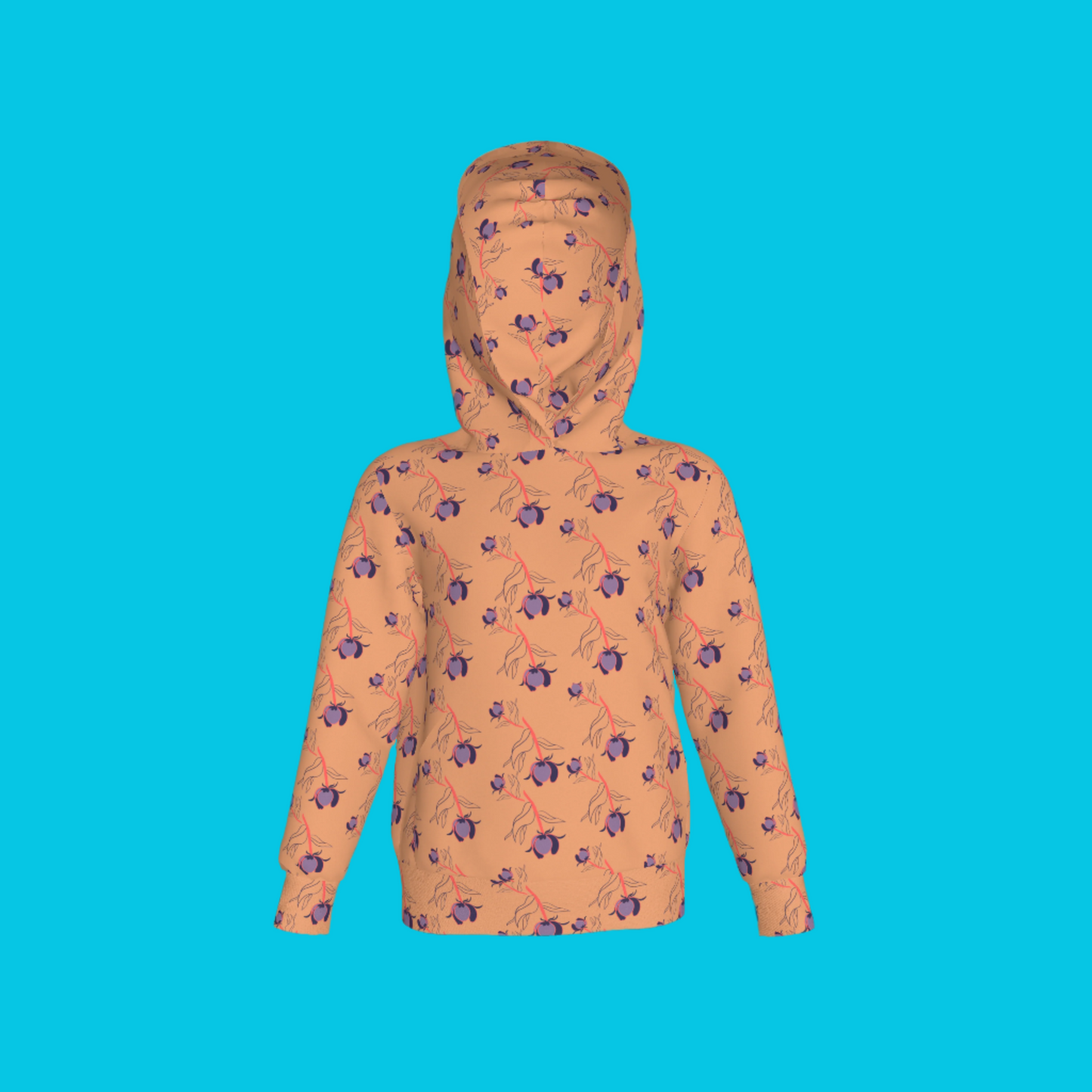 Kid's Pullover Hoodie in Sprinkle Flowers Peach in Fleece Back Stretch Organic Terry