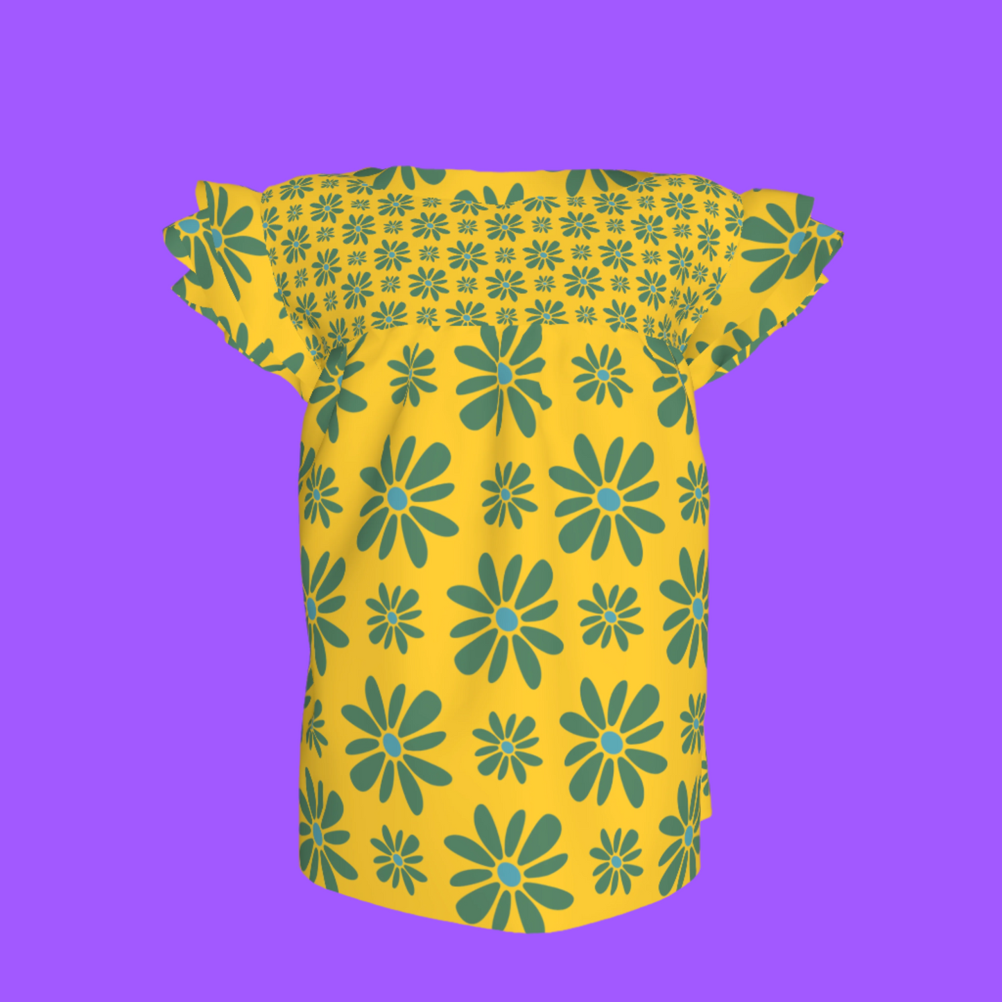 Kid's Ruffled Sleeve Top in Flower Bloom in Yellow & Acqua in Light Cotton Slub
