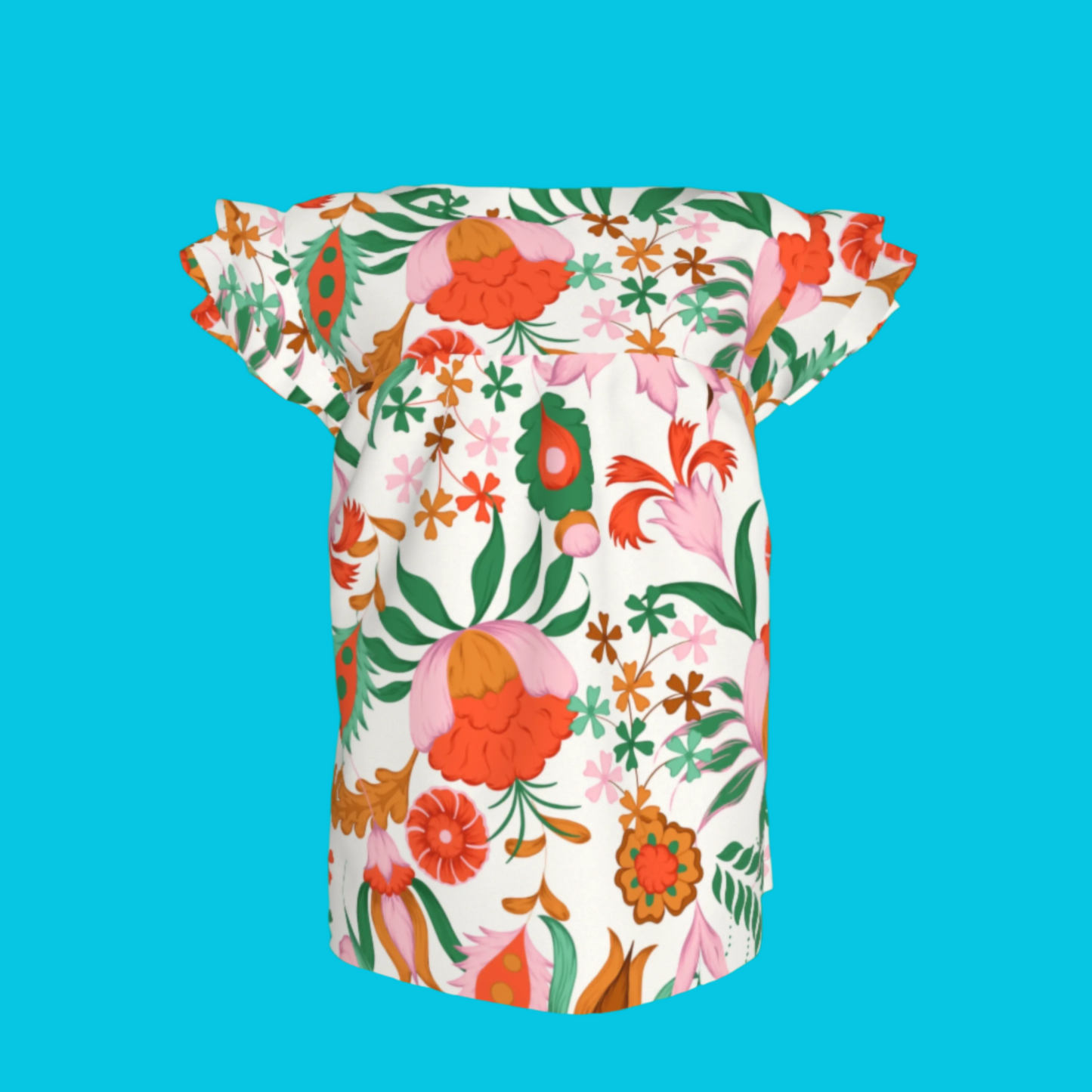 Kid's Ruffled Sleeve Top in Ecru Dutch Blossoms