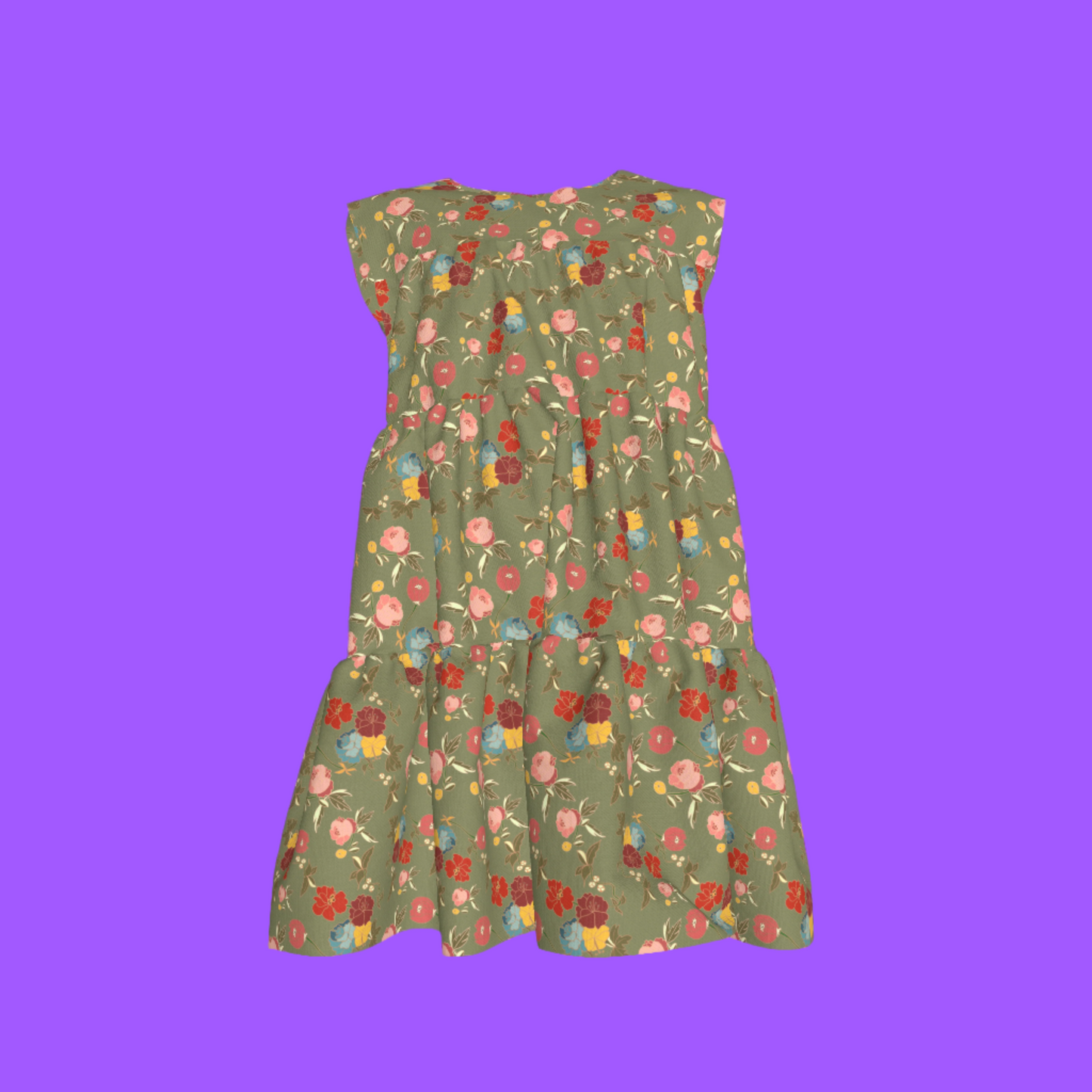 Kid's Ruffle Dress With Lining in Belle Flowers in Green in Light Cotton Slub