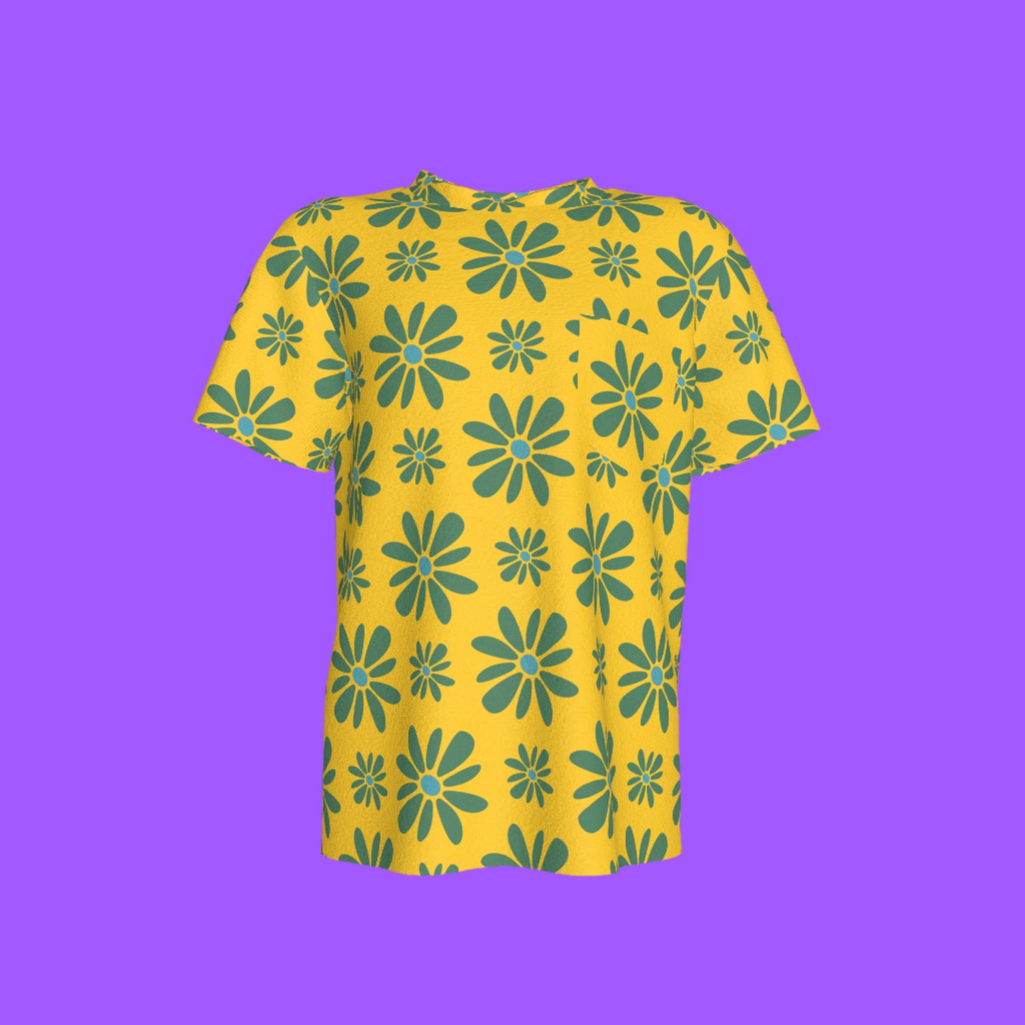 Kid's Pocket T-Shirt in Flower Bloom Yellow & Acqua in Cotton Spandex Lightweight Jersey