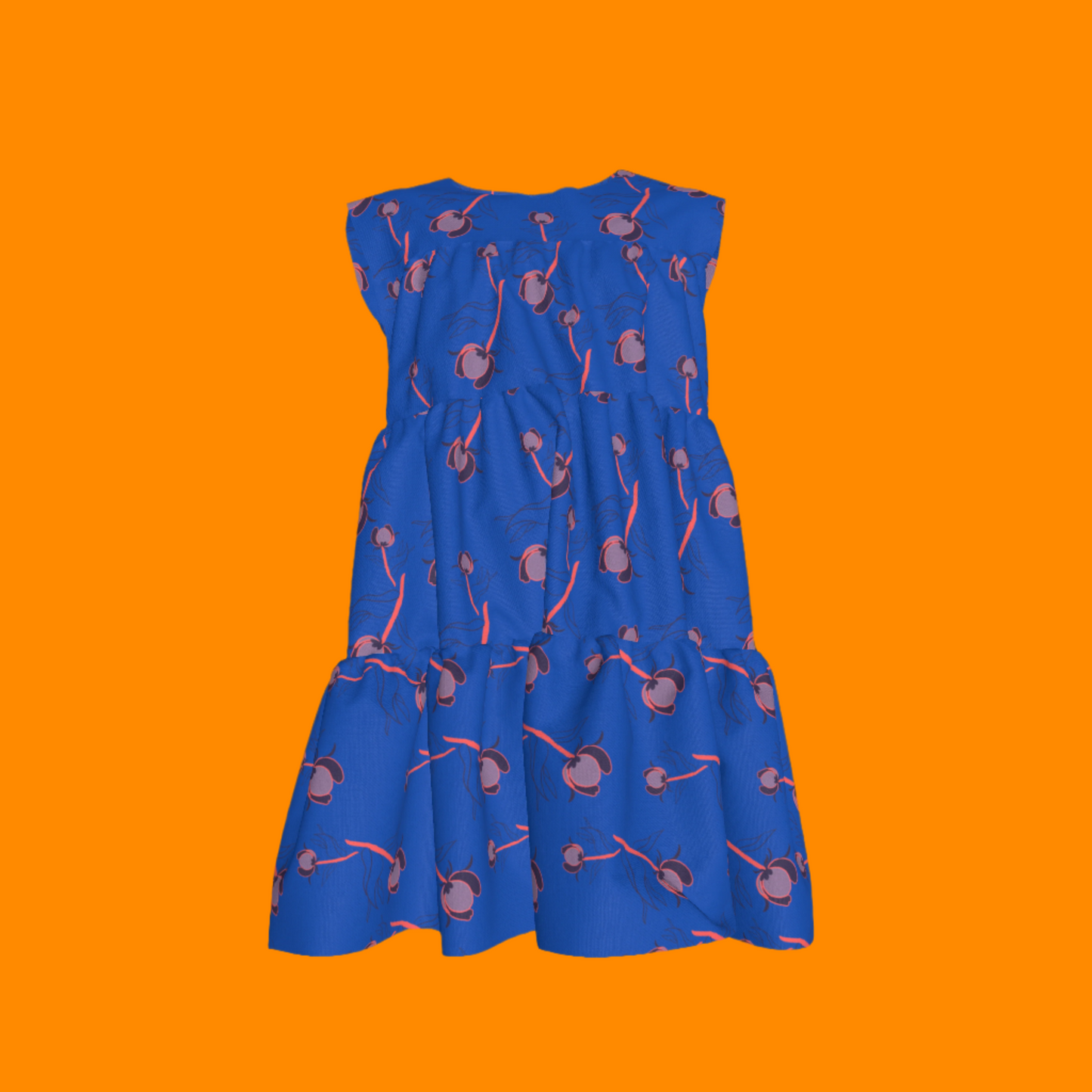Kid's Ruffle Dress With Lining in Sprinkle Flowers in Blue in Light Cotton Slub