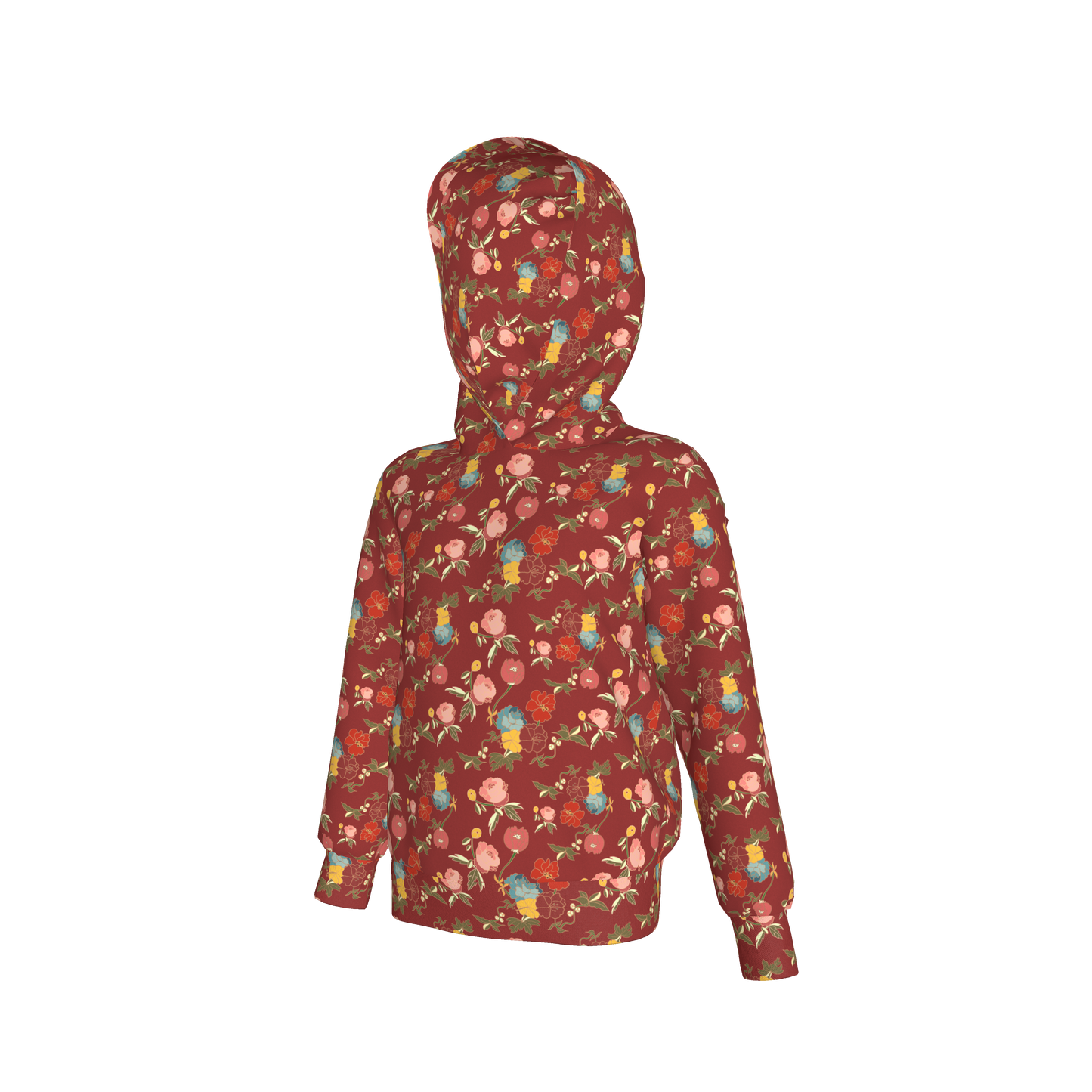 Kid's Pullover Hoodie in Belle Flowers Red in Fleece Back Stretch Organic Terry