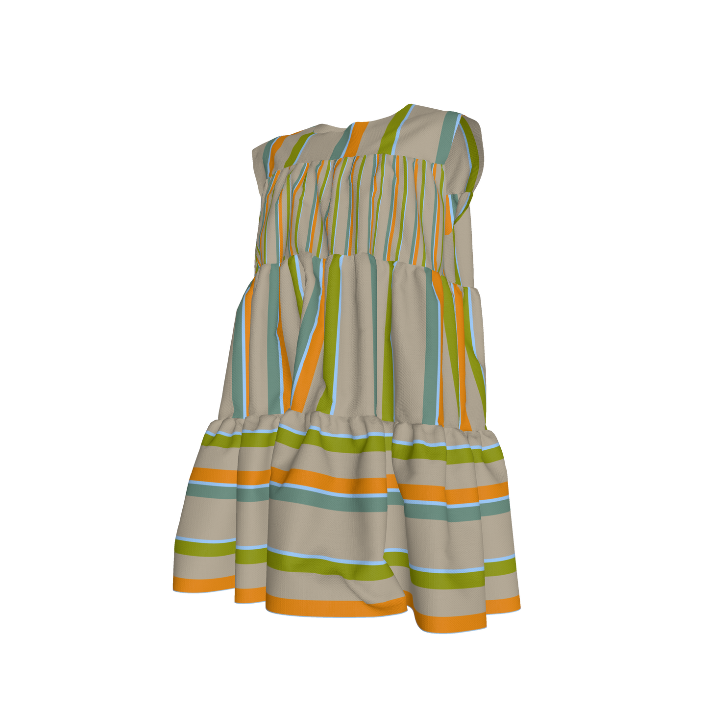 Kid's Ruffle Dress With Lining in Stripes Earthtones in Light Cotton Slub