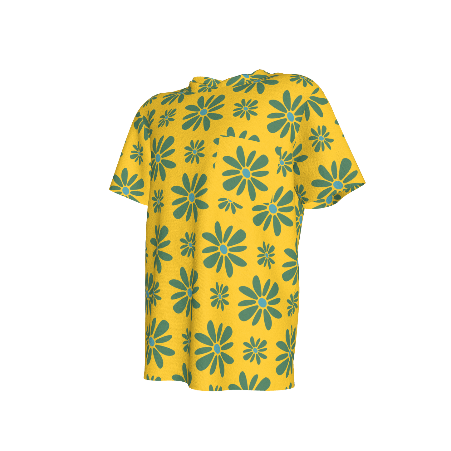 Kid's Pocket T-Shirt in Flower Bloom Yellow & Acqua in Cotton Spandex Lightweight Jersey