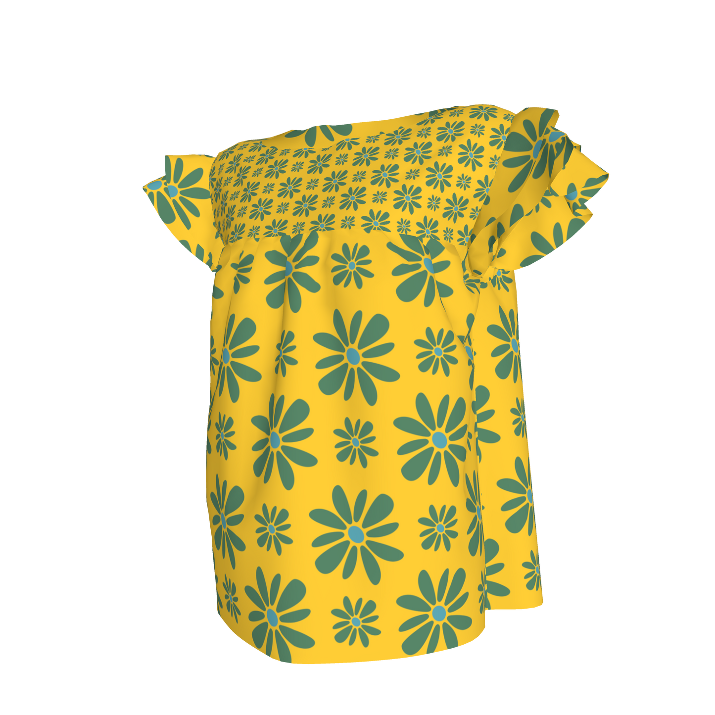 Kid's Ruffled Sleeve Top in Flower Bloom in Yellow & Acqua in Light Cotton Slub