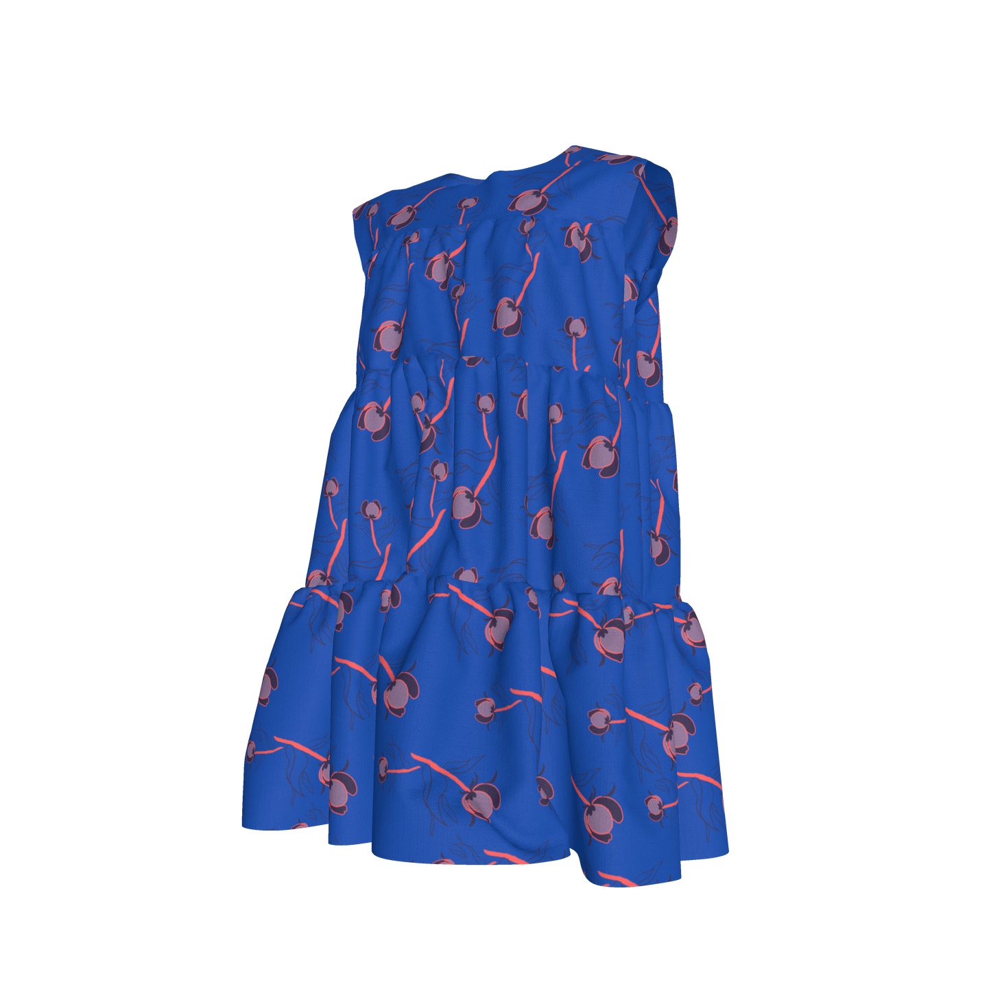 Kid's Ruffle Dress With Lining in Sprinkle Flowers in Blue in Light Cotton Slub
