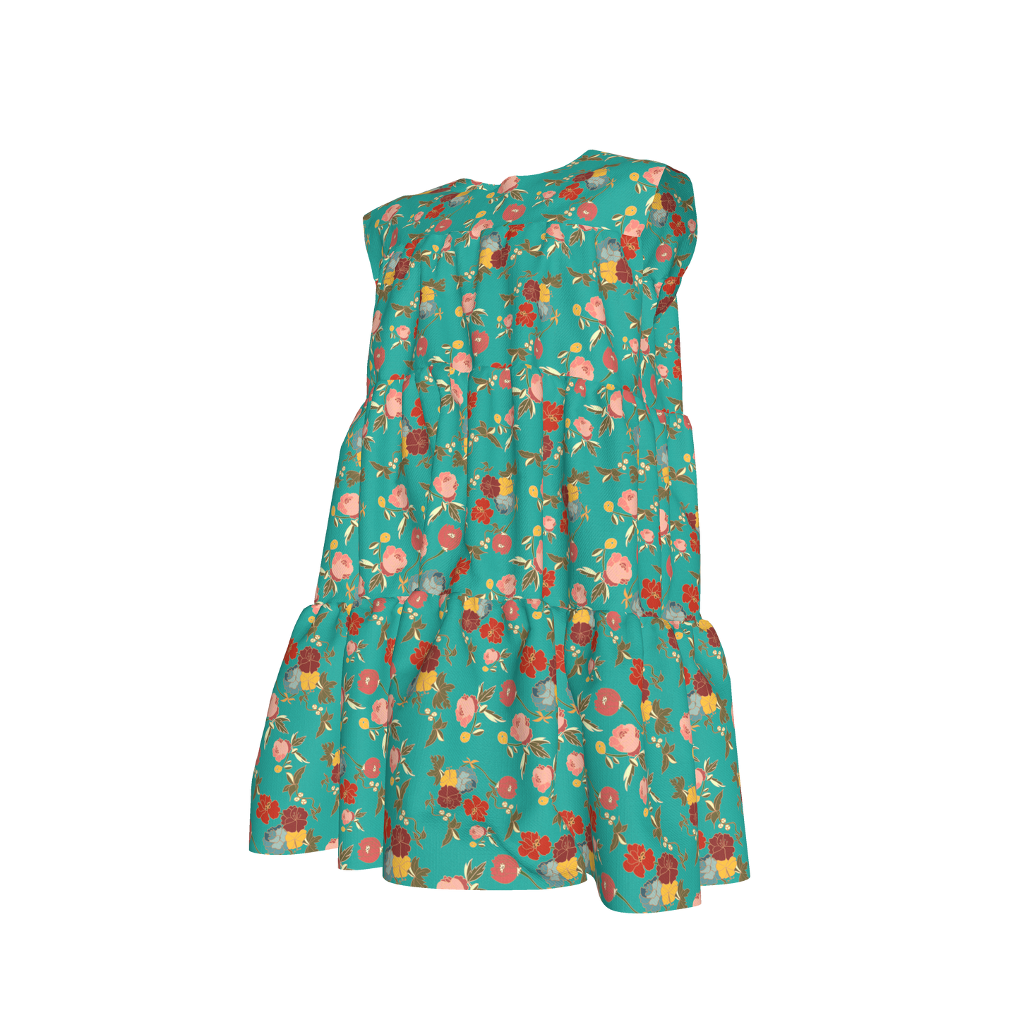 Kid's Ruffle Dress With Lining in Belle Flowers in Bright Blue in Light Cotton Slub