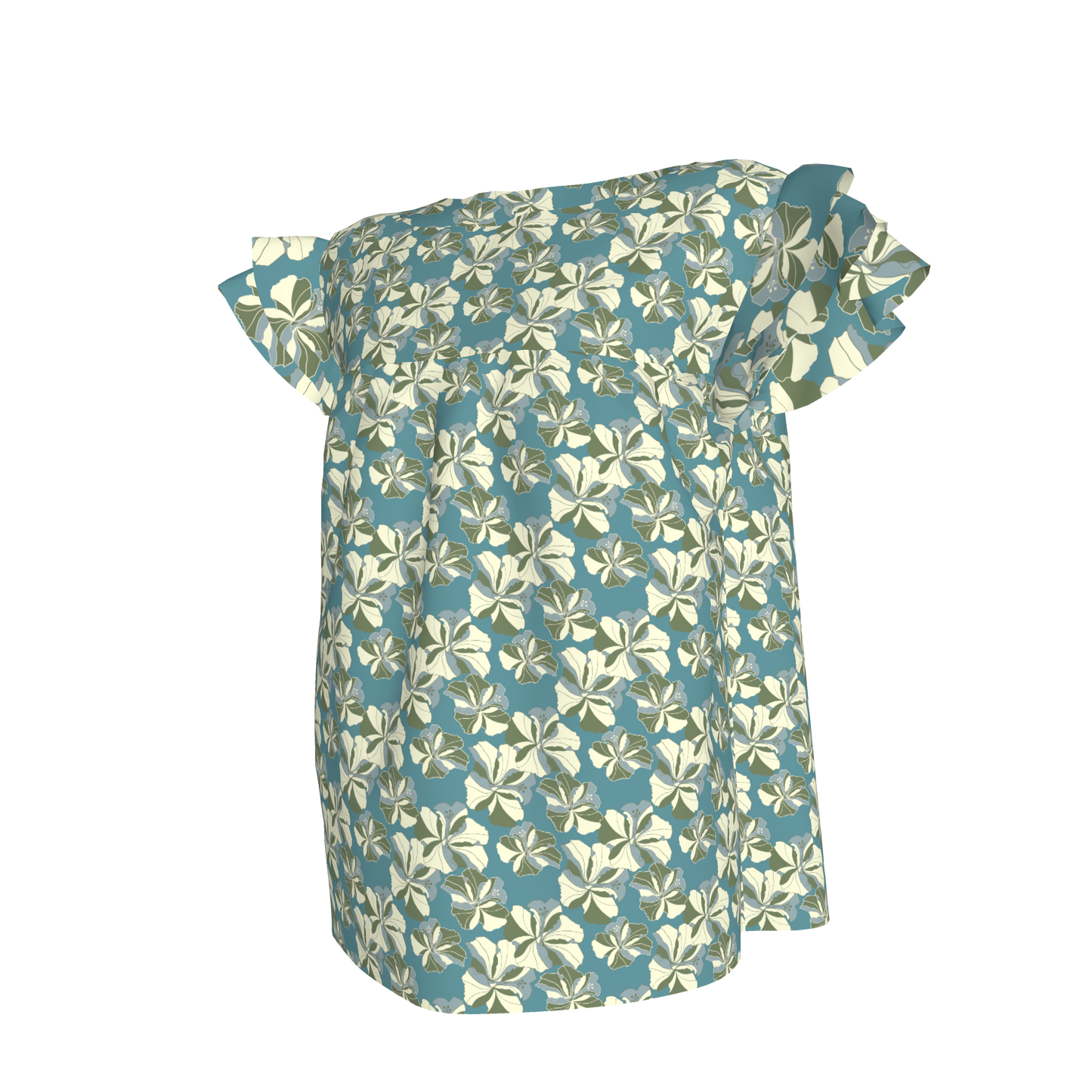 Kid's Ruffled Sleeve Top in Tropical Cayena Acqua in Light Cotton Slub