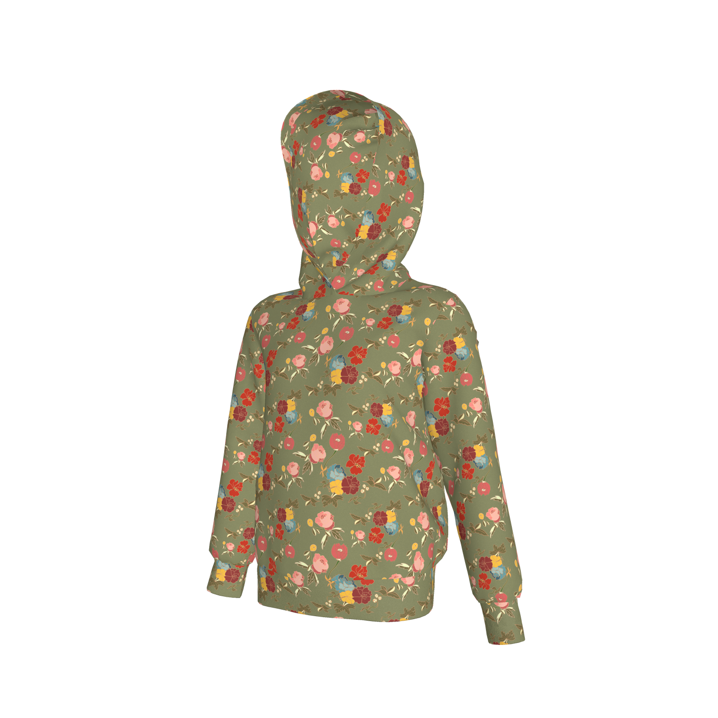 Kid's Pullover Hoodie in Belle Flowers Green in Fleece Back Stretch Organic Terry