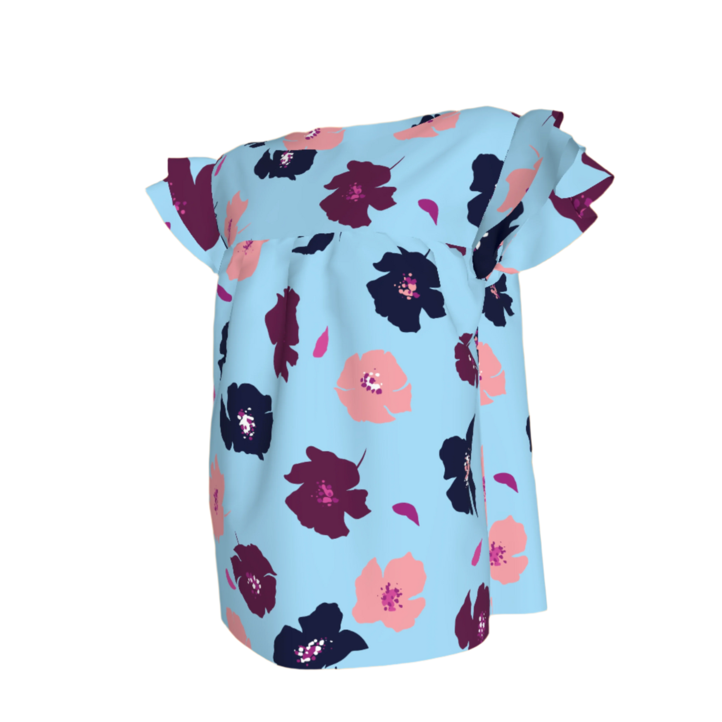 Kid's Ruffled Sleeve Top in Light Blue Poppies