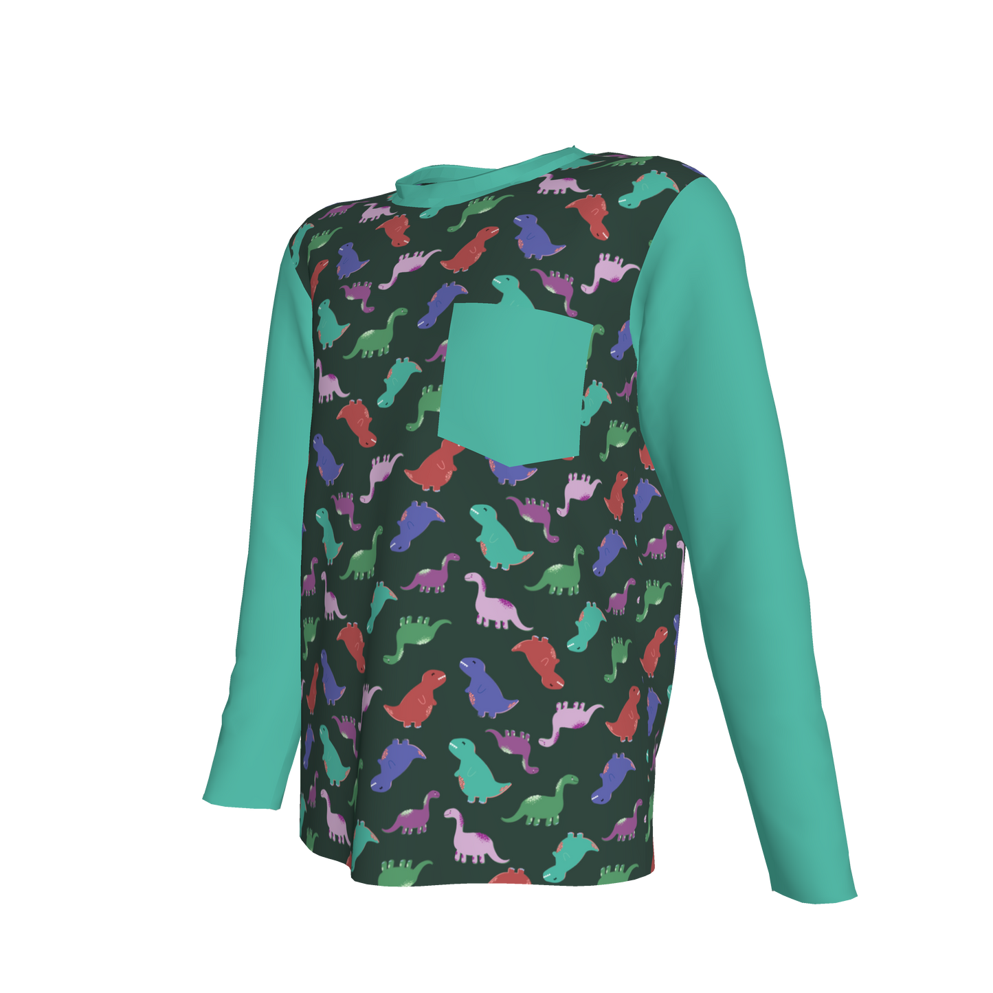 Teal Dino Party Long Sleeve Pocket T-Shirt
