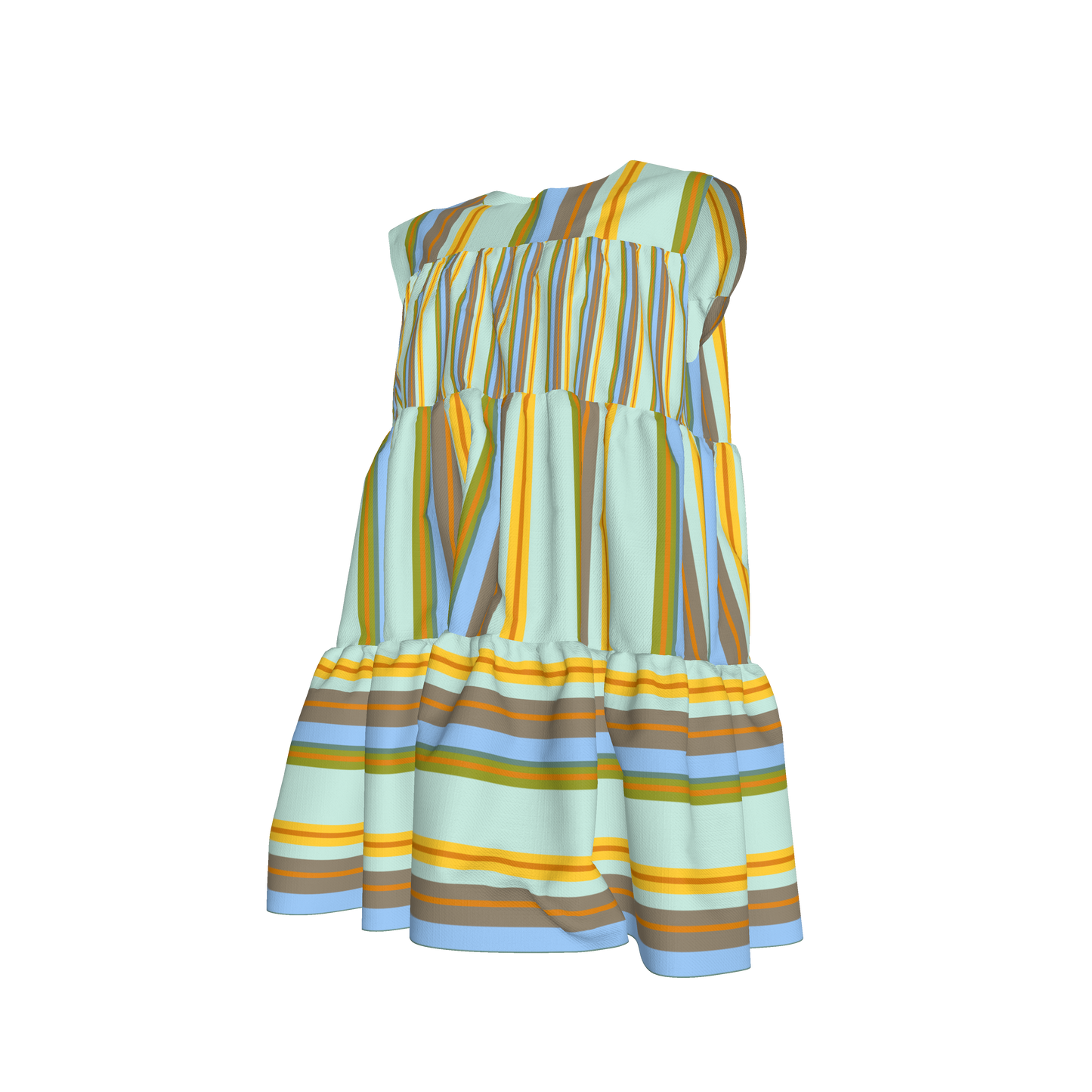 Kid's Ruffle Dress With Lining in Stripes Light Blue & Orangein Light Cotton Slub