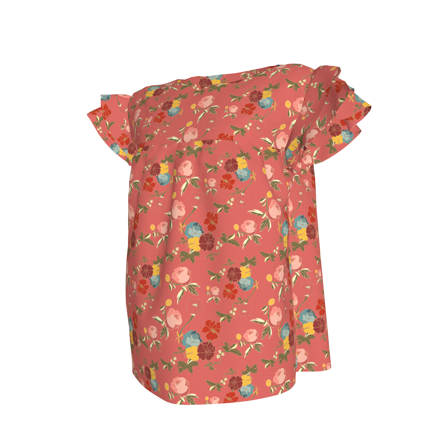 Kid's Ruffled Sleeve Top in Belle Flowers Pink in Light Cotton Slub