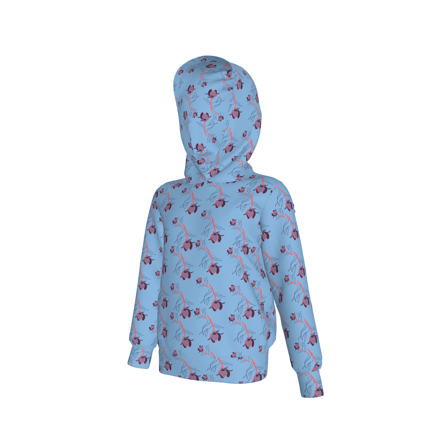 Kid's Pullover Hoodie in Sprinkle Flowers Light Blue in Fleece Back Stretch Organic Terry