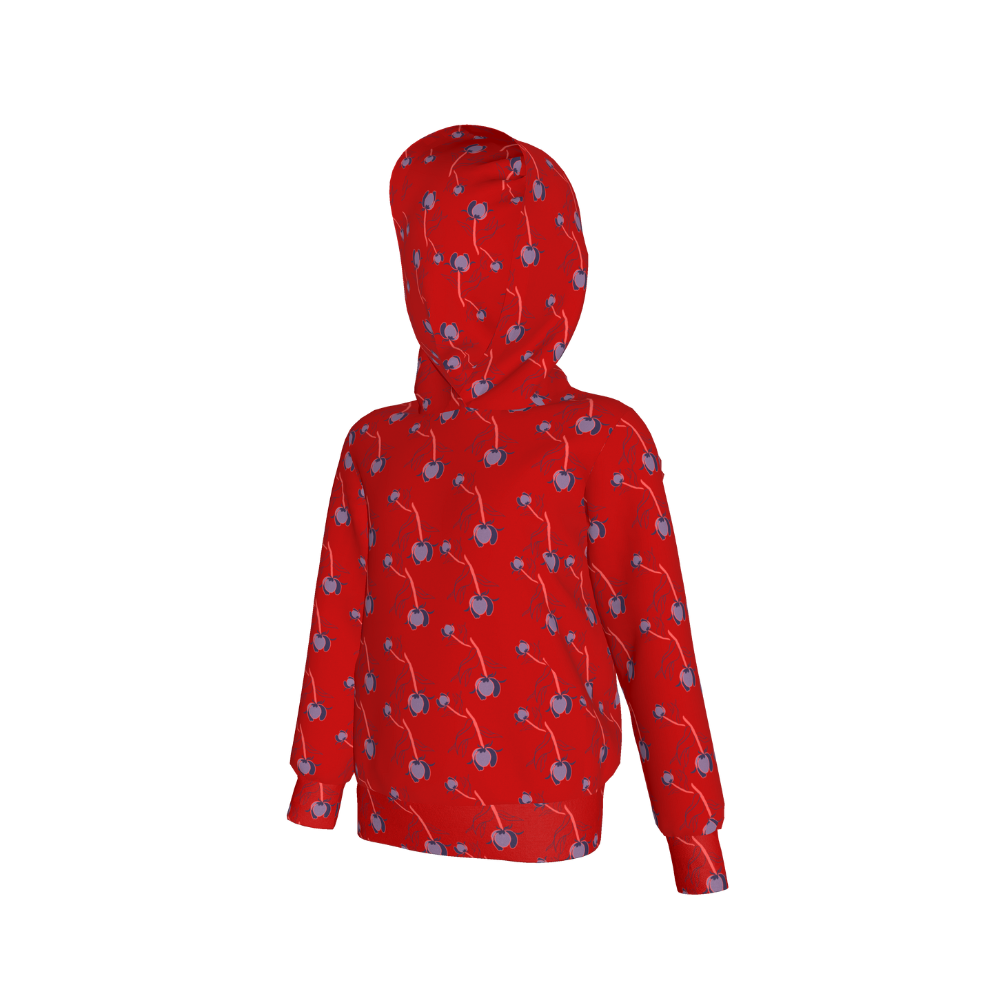 Kid's Pullover Hoodie in Sprinkle Flowers Red in Fleece Back Stretch Organic Terry