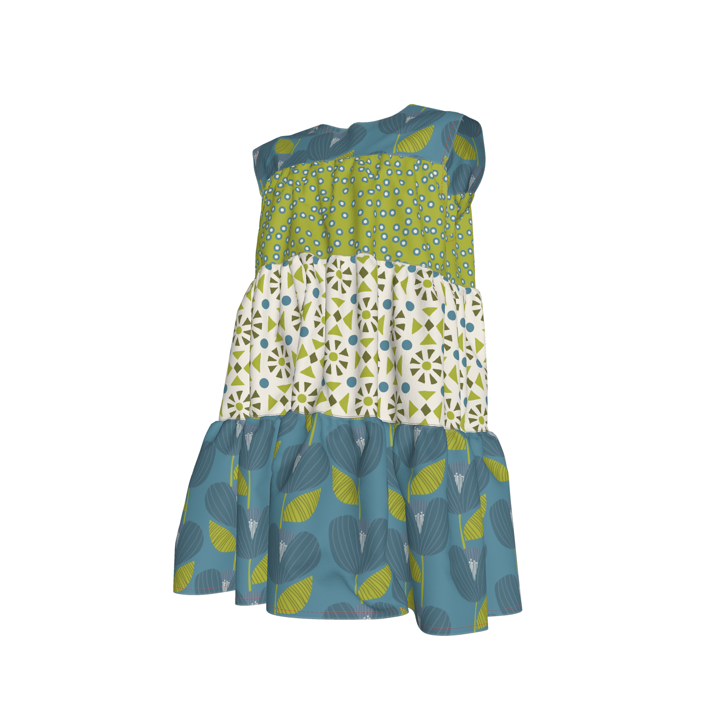 Teal, White & Green Ruffle Dress with Lining